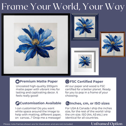 Blue Flower Art Canvas / Unframed Print. Abstract Contemporary Glamorous Art, Blue Gold Picture, Floral Wall Decor, Glamourous Art Poster - CanvasityCrafts - Free Shipping