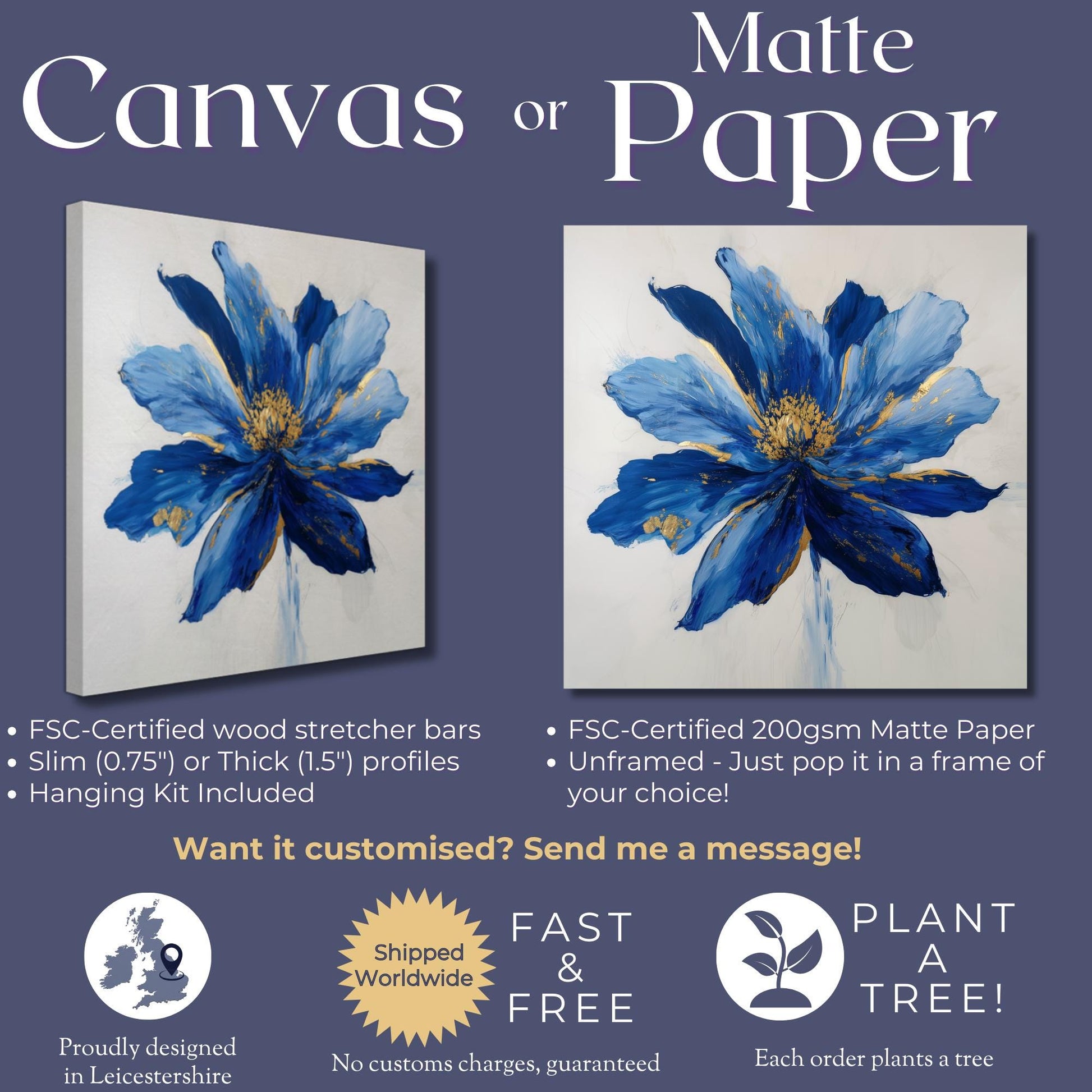 Blue Flower Art Canvas / Unframed Print. Abstract Contemporary Glamorous Art, Blue Gold Picture, Floral Wall Decor, Glamourous Art Poster - CanvasityCrafts - Free Shipping