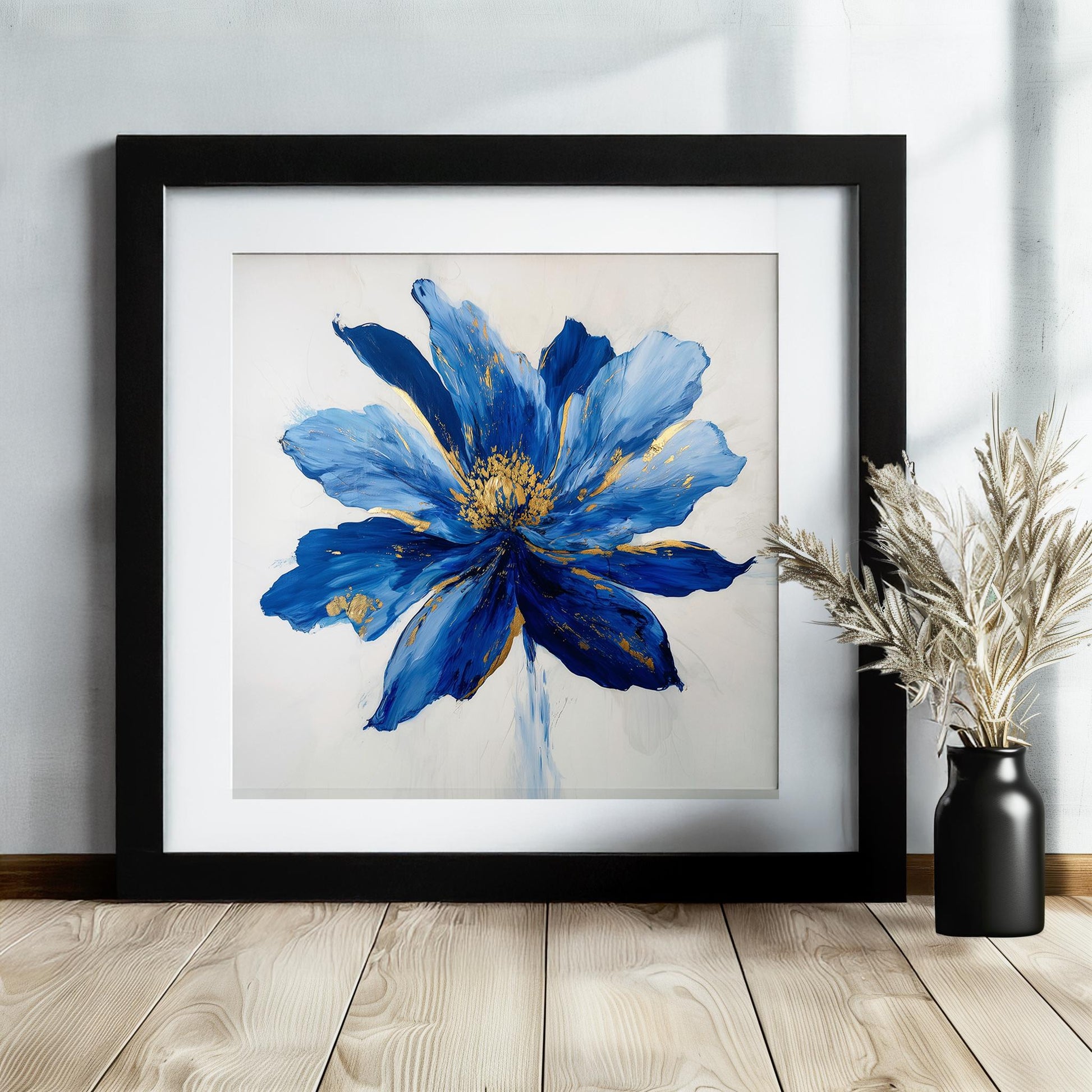 Blue Flower Art Canvas / Unframed Print. Abstract Contemporary Glamorous Art, Blue Gold Picture, Floral Wall Decor, Glamourous Art Poster - CanvasityCrafts - Free Shipping