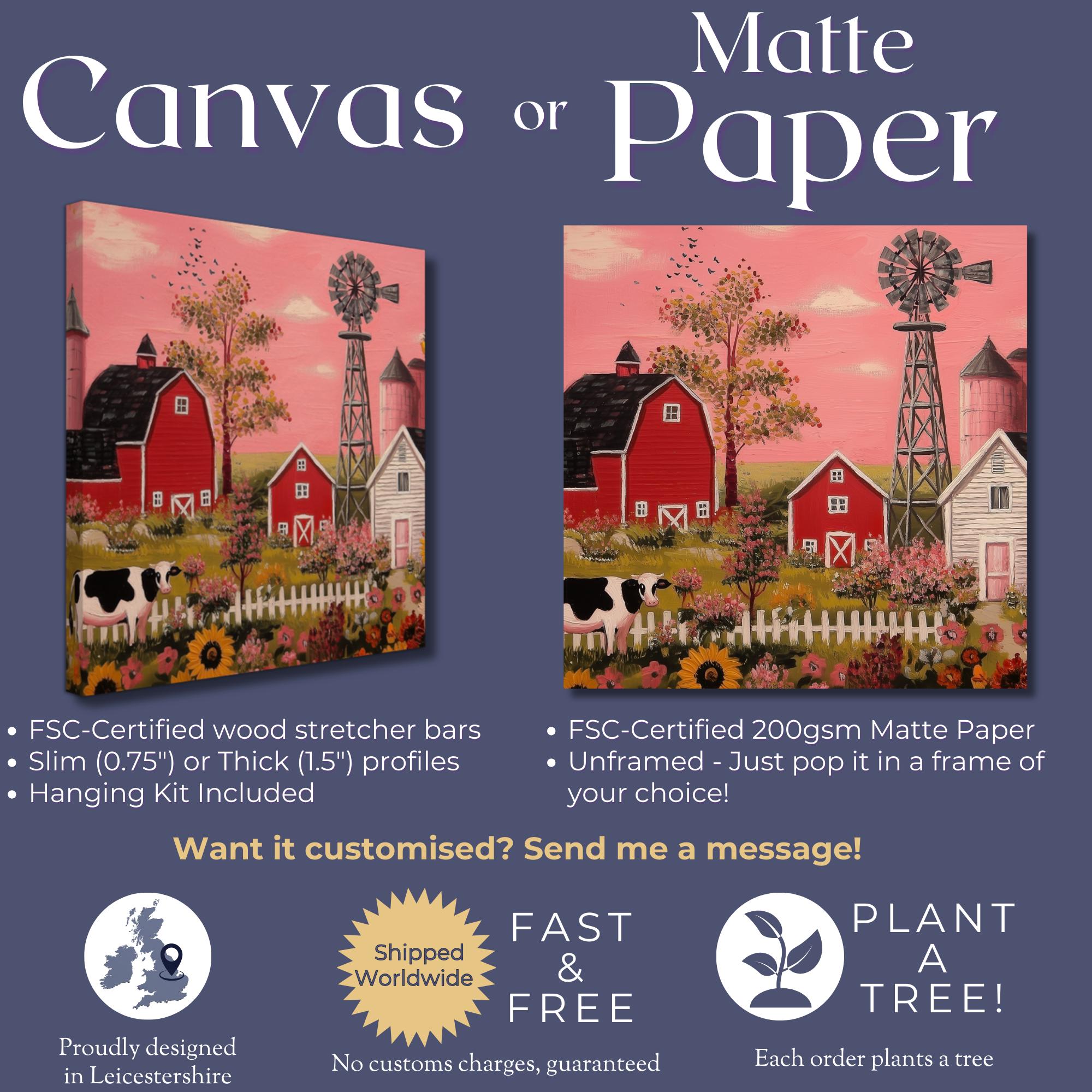 Rustic Farming Art Canvas / Unframed. Farm Landscape Art Farmyard Cow Farm Yard Print, Red Barn Farmhouse Decor Pink Sunset Countryside - CanvasityCrafts - Free Shipping
