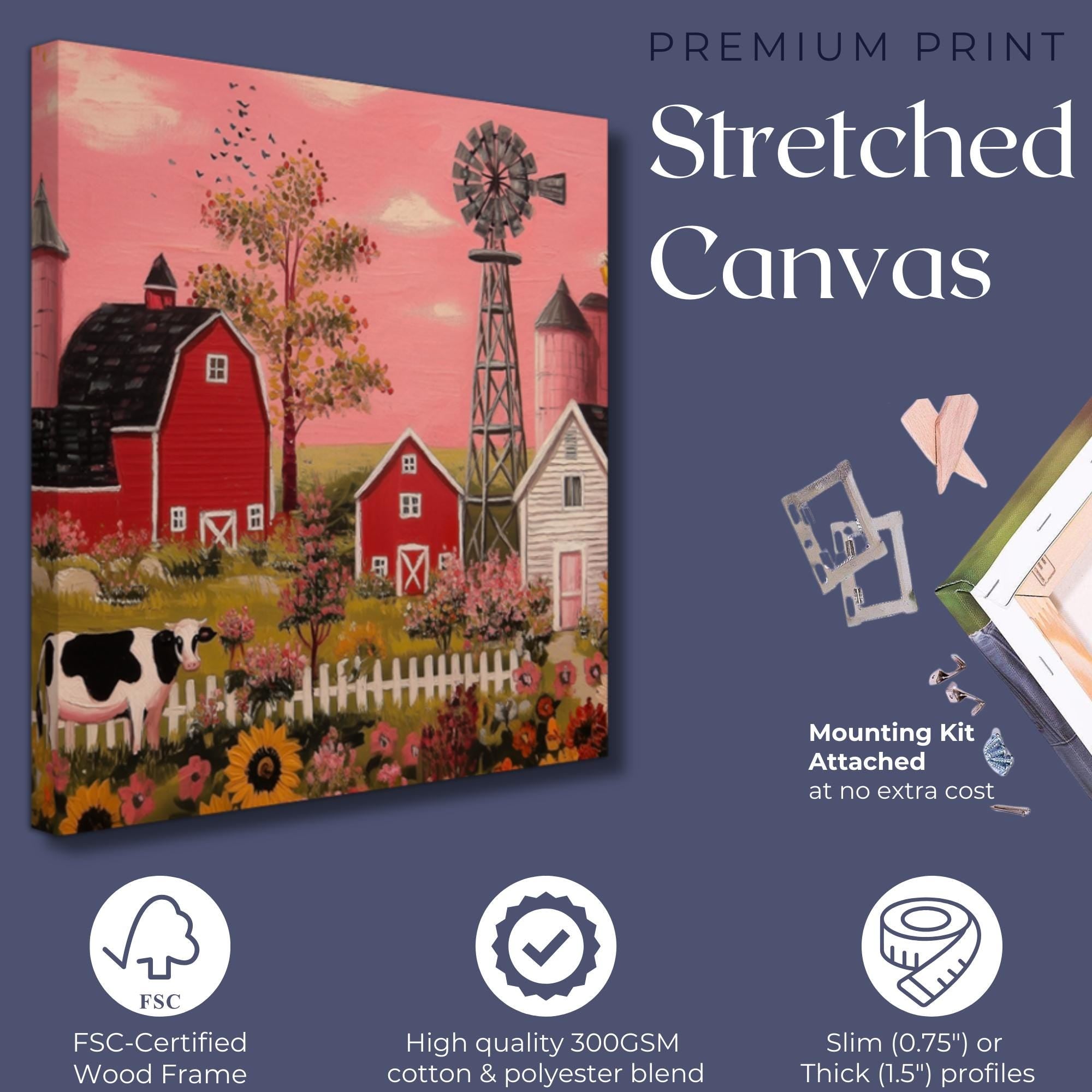 Rustic Farming Art Canvas / Unframed. Farm Landscape Art Farmyard Cow Farm Yard Print, Red Barn Farmhouse Decor Pink Sunset Countryside - CanvasityCrafts - Free Shipping