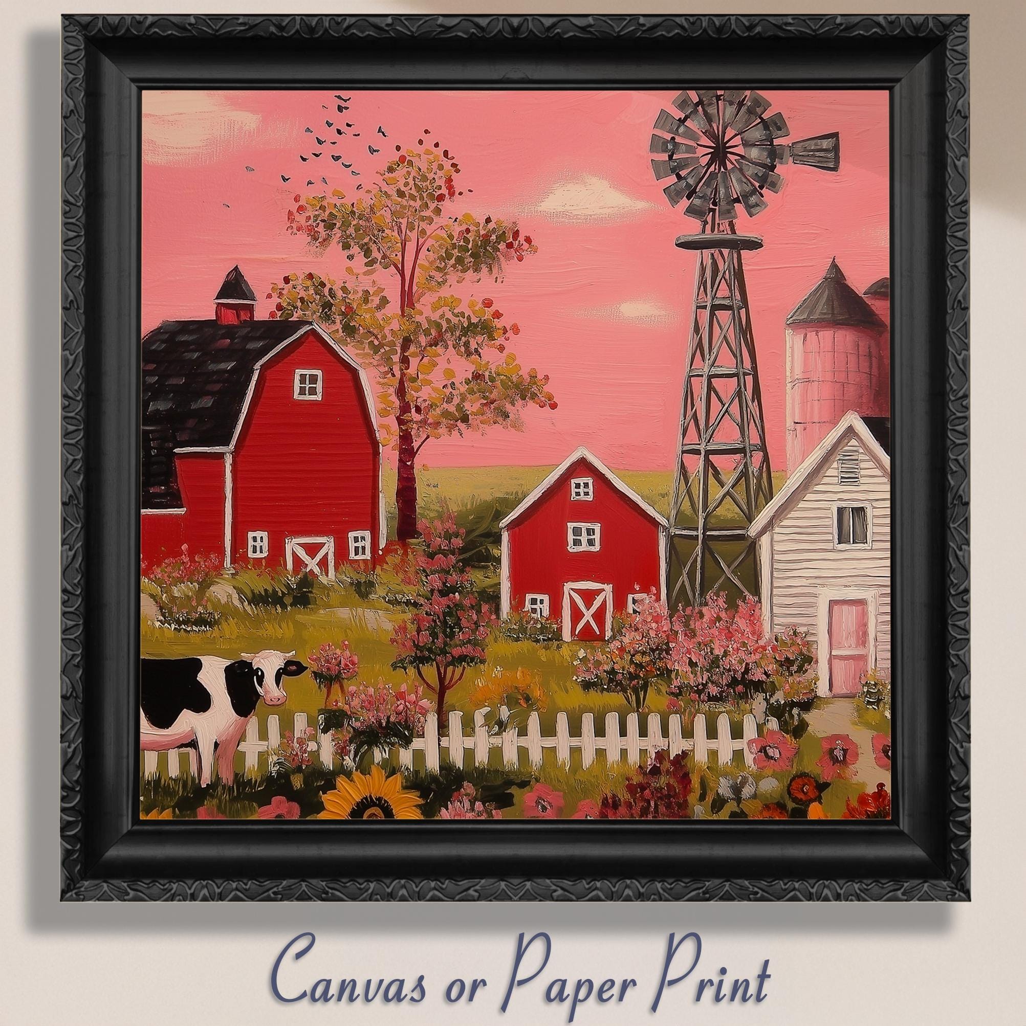 Rustic Farming Art Canvas / Unframed. Farm Landscape Art Farmyard Cow Farm Yard Print, Red Barn Farmhouse Decor Pink Sunset Countryside - CanvasityCrafts - Free Shipping
