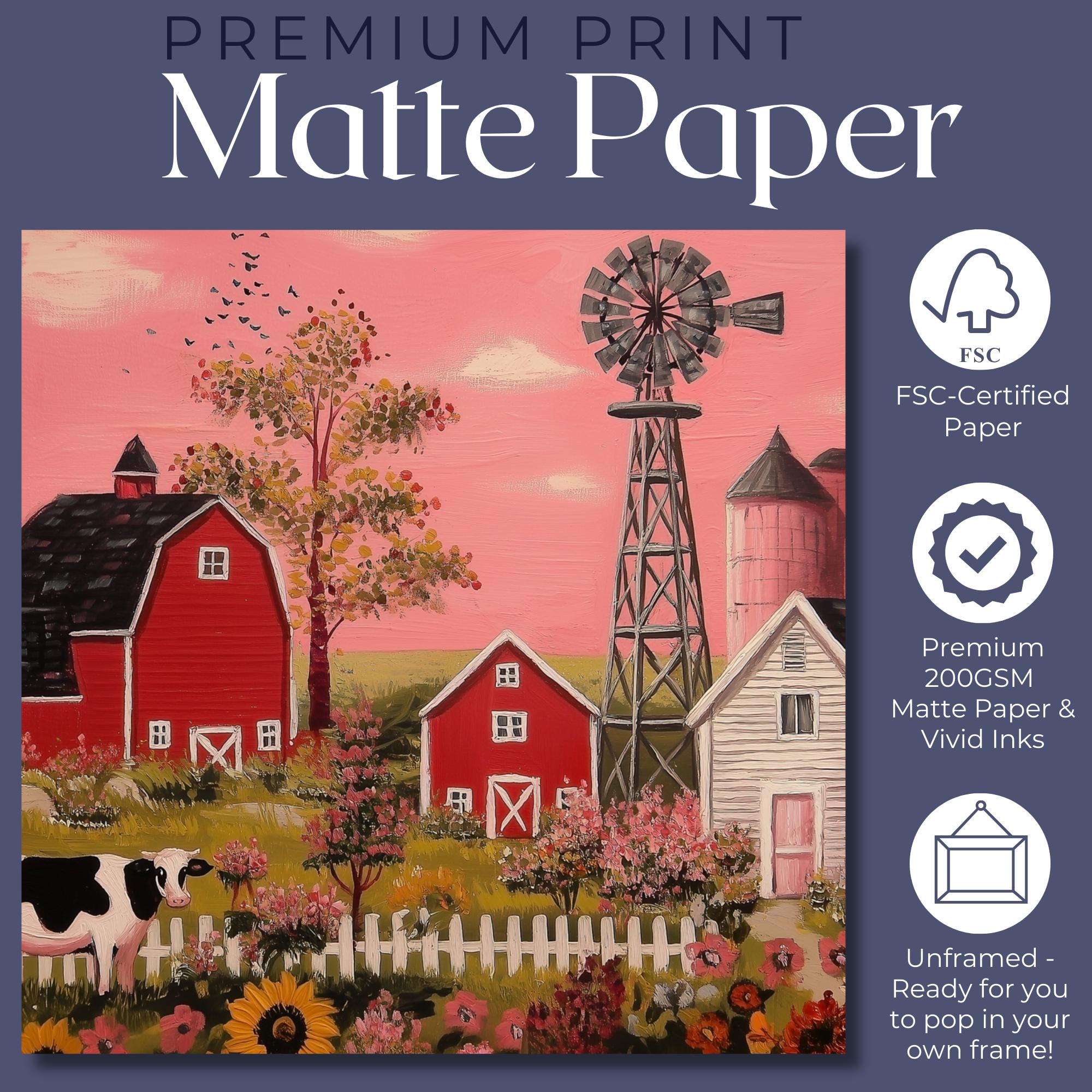 Rustic Farming Art Canvas / Unframed. Farm Landscape Art Farmyard Cow Farm Yard Print, Red Barn Farmhouse Decor Pink Sunset Countryside - CanvasityCrafts - Free Shipping