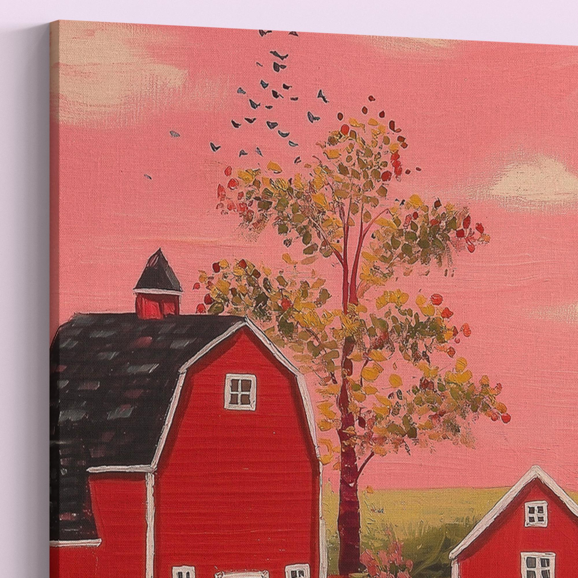 Rustic Farming Art Canvas / Unframed. Farm Landscape Art Farmyard Cow Farm Yard Print, Red Barn Farmhouse Decor Pink Sunset Countryside - CanvasityCrafts - Free Shipping