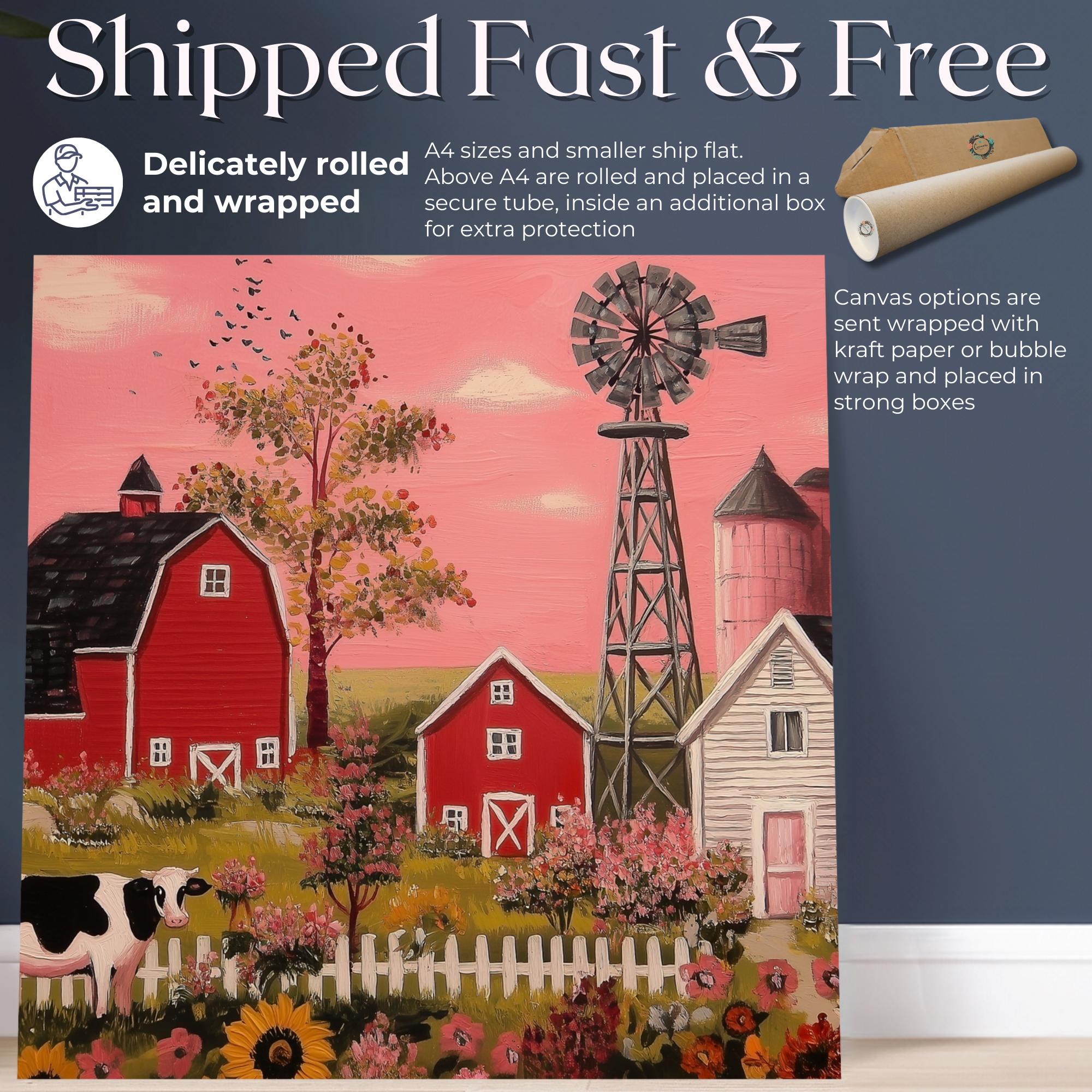 Rustic Farming Art Canvas / Unframed. Farm Landscape Art Farmyard Cow Farm Yard Print, Red Barn Farmhouse Decor Pink Sunset Countryside - CanvasityCrafts - Free Shipping
