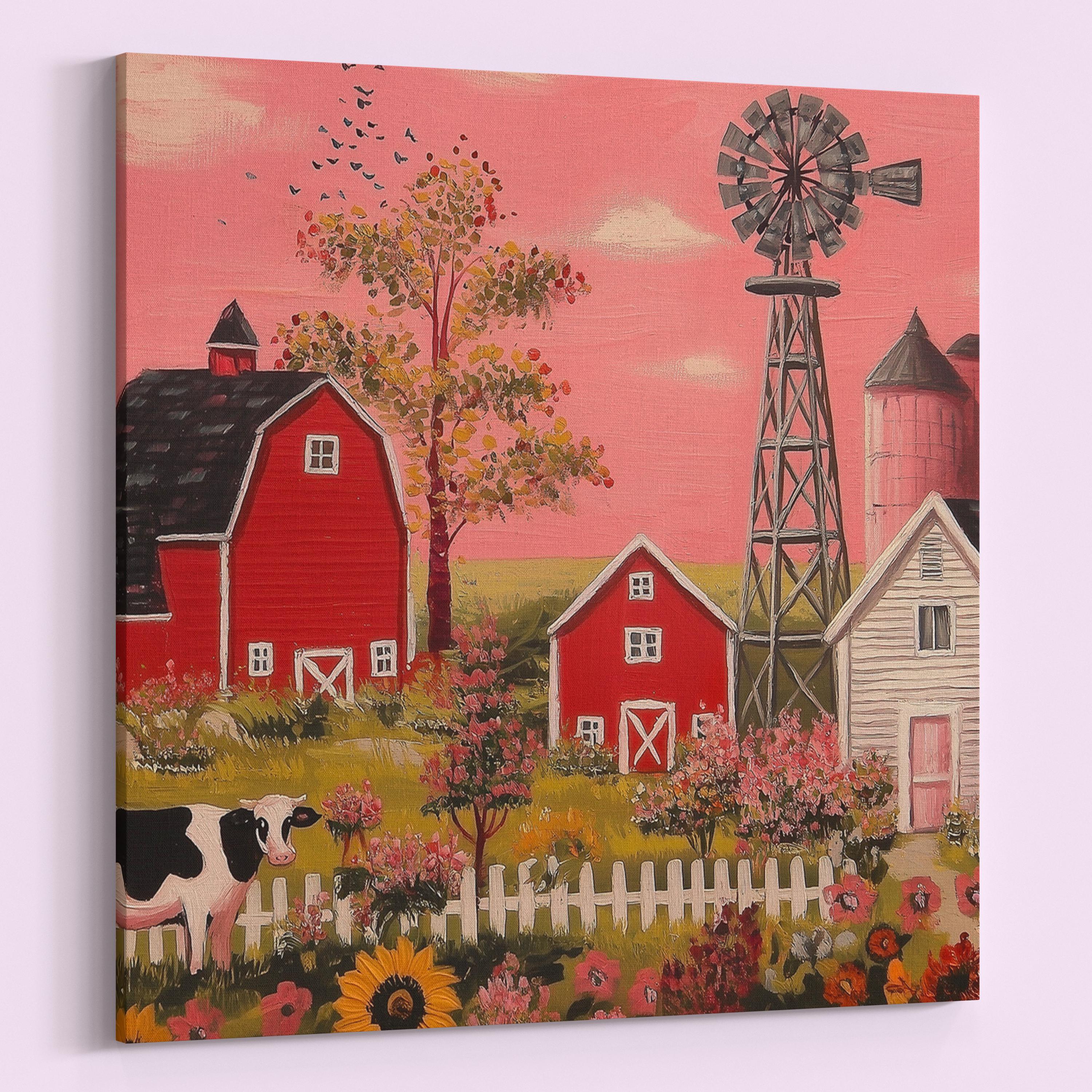 Rustic Farming Art Canvas / Unframed. Farm Landscape Art Farmyard Cow Farm Yard Print, Red Barn Farmhouse Decor Pink Sunset Countryside - CanvasityCrafts - Free Shipping