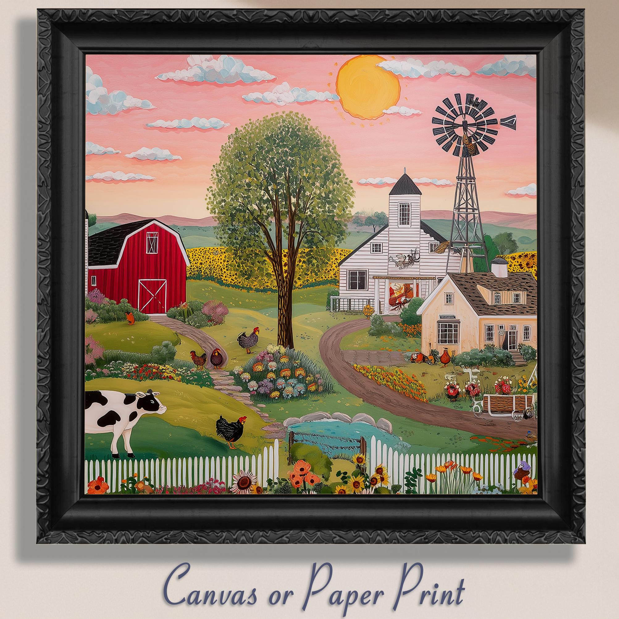 Rustic Farming Art Canvas / Unframed. Farm Landscape Art Farmyard Cow Farm Yard Print, Red Barn Farmhouse Decor Kitchen Wall Art - CanvasityCrafts - Free Shipping
