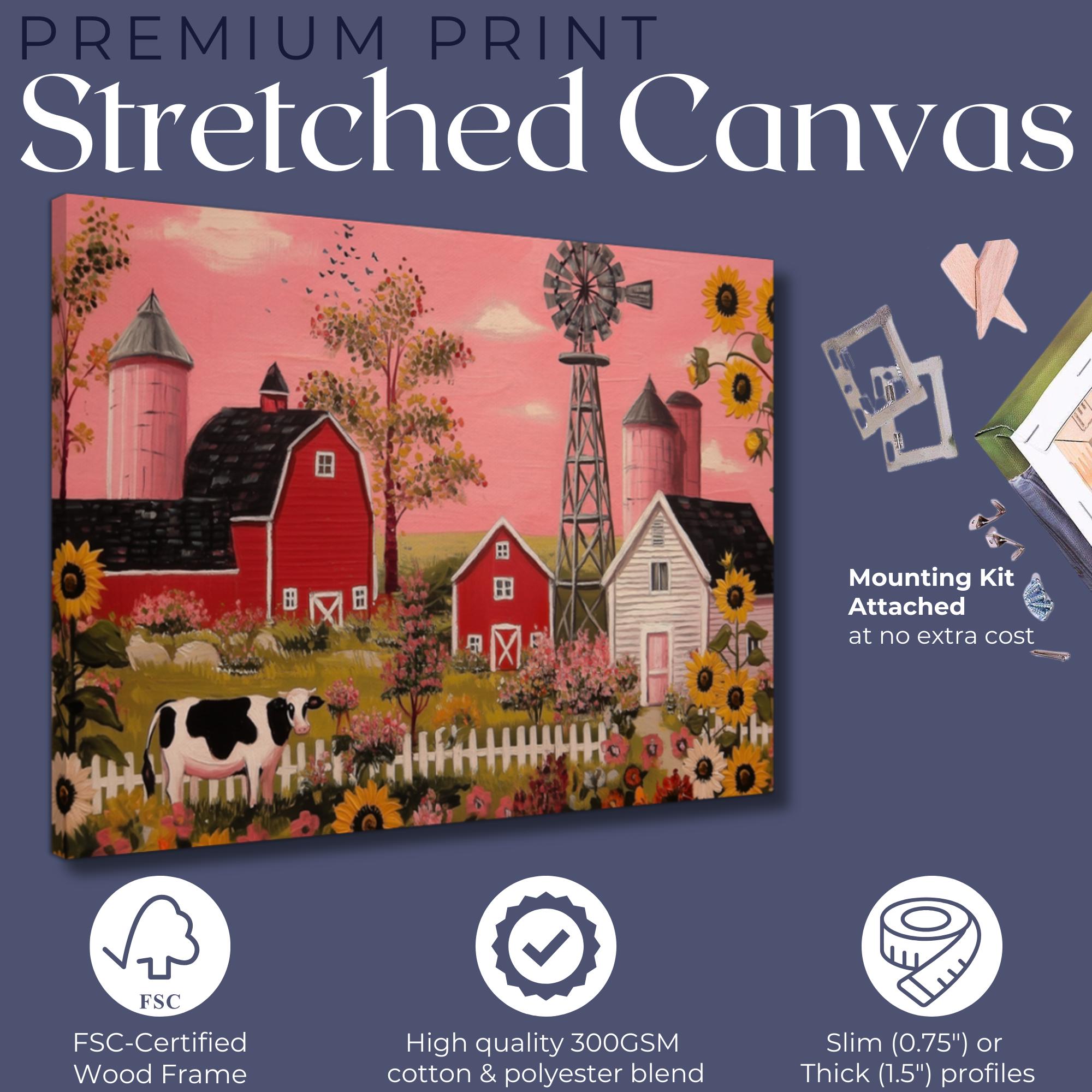 Rustic Farming Art Canvas / Unframed. Farm Landscape Art Farmyard Cow Farm Yard Print, Red Barn Farmhouse Decor Pink Sunset Countryside - CanvasityCrafts - Free Shipping