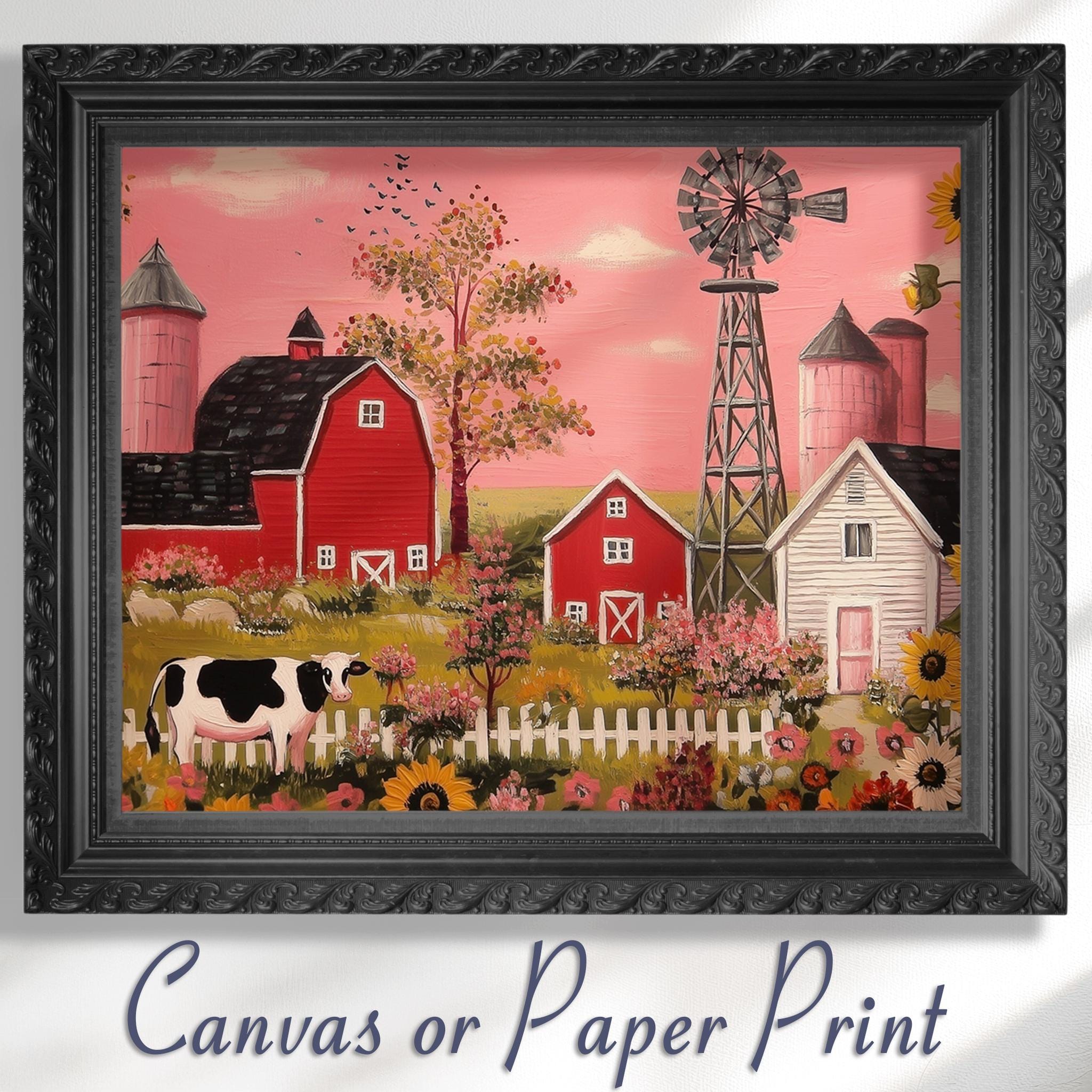 Rustic Farming Art Canvas / Unframed. Farm Landscape Art Farmyard Cow Farm Yard Print, Red Barn Farmhouse Decor Pink Sunset Countryside - CanvasityCrafts - Free Shipping