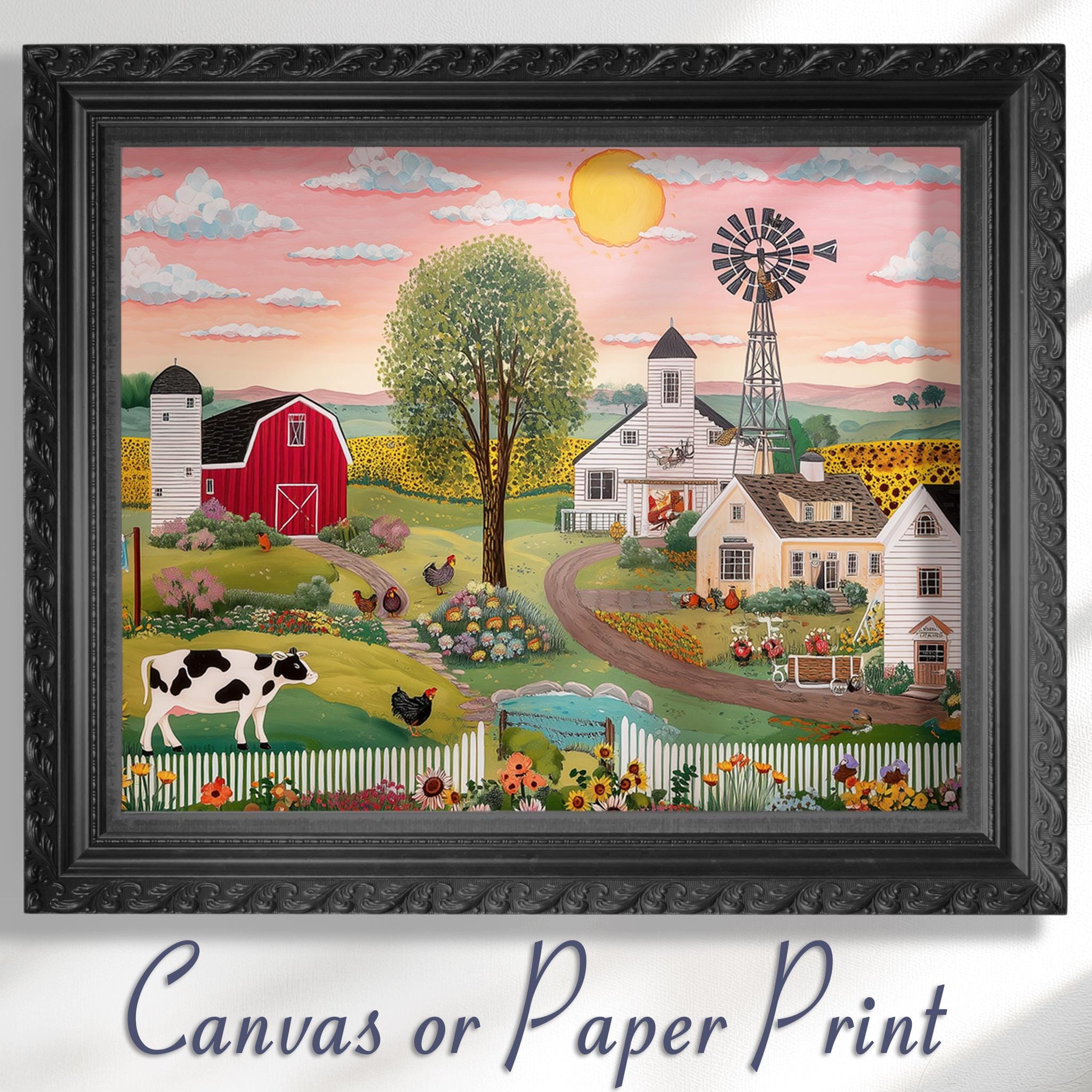 Rustic Farming Art Canvas / Unframed. Farm Landscape Farmyard Cow Farm Yard Print Red Barn Farmhouse Painting Countryside Picture Wall Decor - CanvasityCrafts - Free Shipping