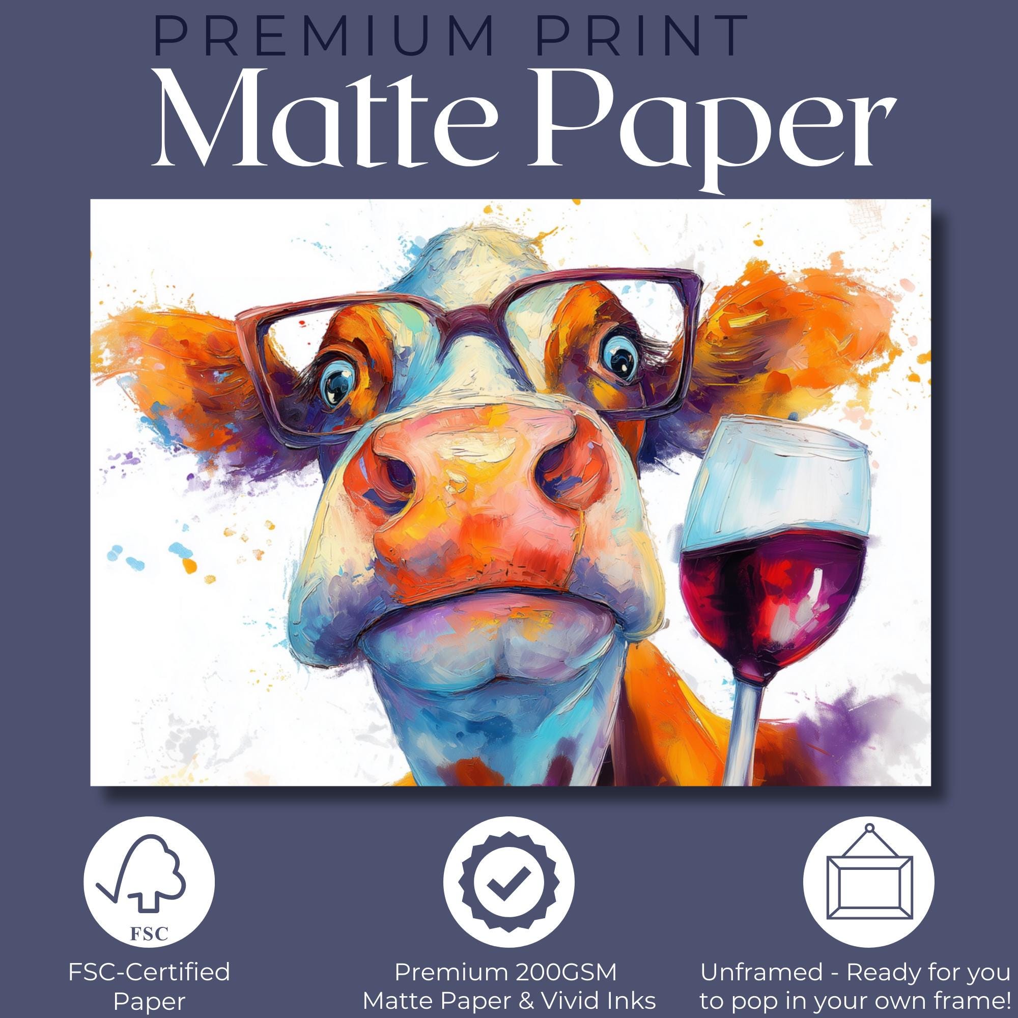 Abstract Cow with Wine Canvas Or Poster. Funny Painting Print Jersey Animal in Glasses Decor Large Kitchen Wall Picture Rainbow Paint Splash - CanvasityCrafts - Free Shipping
