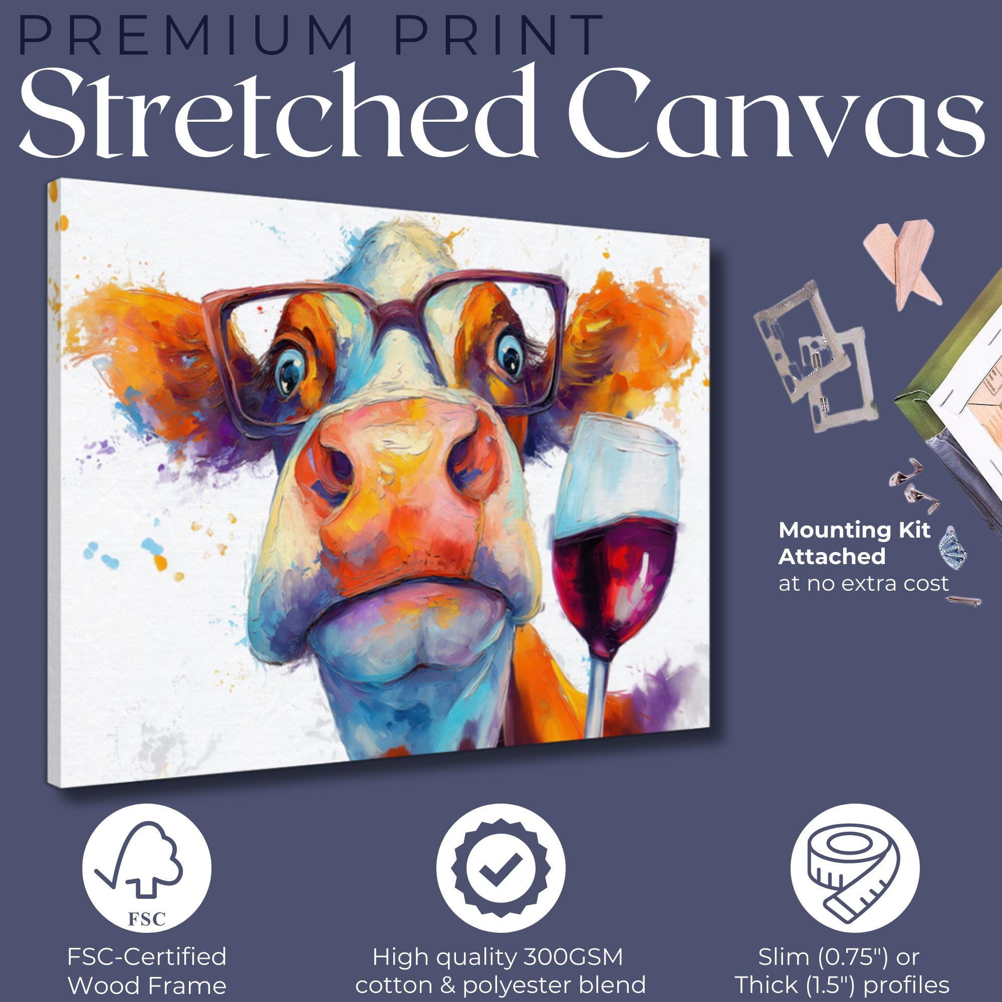 Abstract Cow with Wine Canvas Or Poster. Funny Painting Print Jersey Animal in Glasses Decor Large Kitchen Wall Picture Rainbow Paint Splash - CanvasityCrafts - Free Shipping
