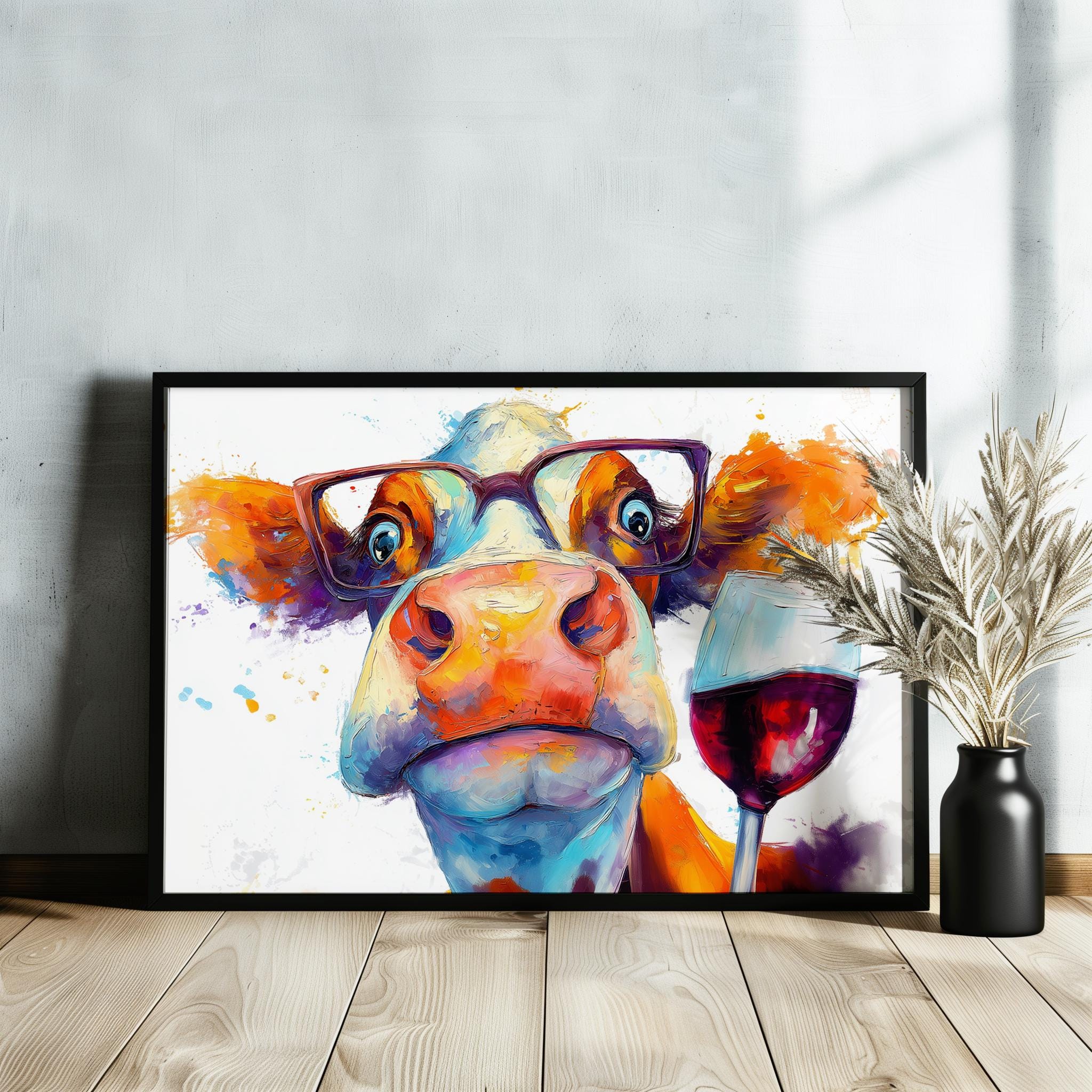 Abstract Cow with Wine Canvas Or Poster. Funny Painting Print Jersey Animal in Glasses Decor Large Kitchen Wall Picture Rainbow Paint Splash - CanvasityCrafts - Free Shipping