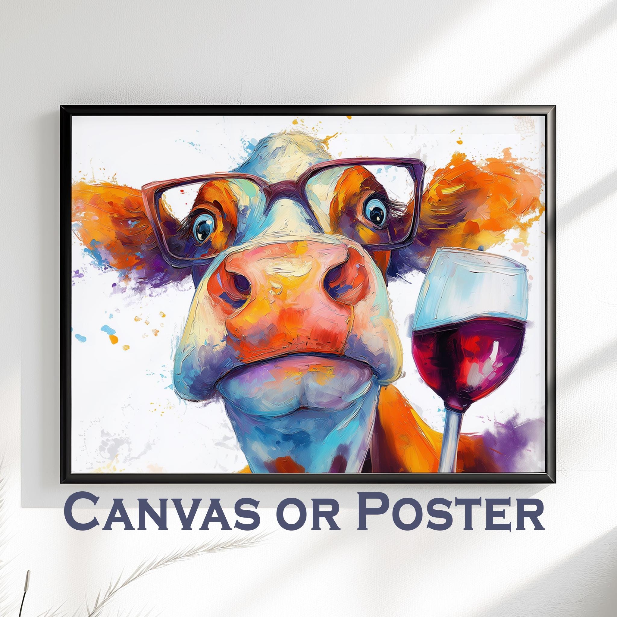Abstract Cow with Wine Canvas Or Poster. Funny Painting Print Jersey Animal in Glasses Decor Large Kitchen Wall Picture Rainbow Paint Splash - CanvasityCrafts - Free Shipping