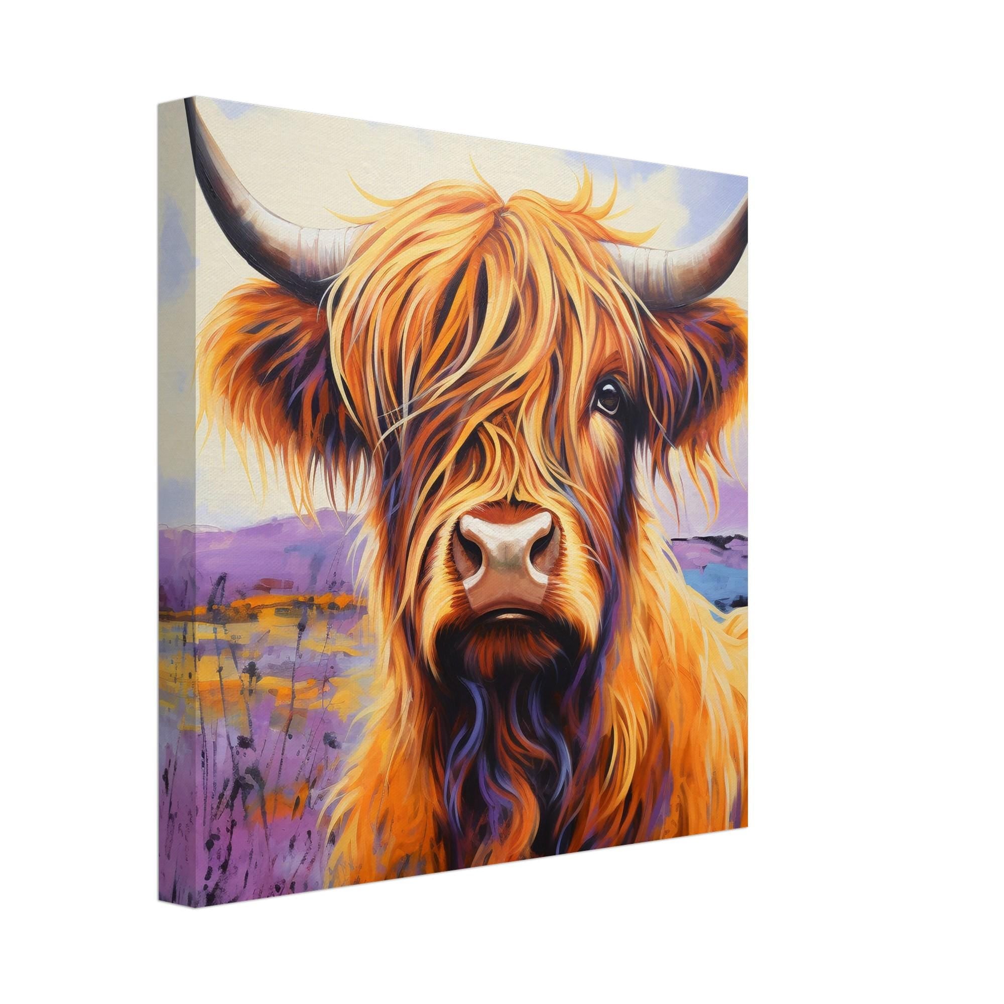 Highland Cow Canvas Print - Square. Lavender Wall Art Painting - CanvasityCrafts - Free Shipping