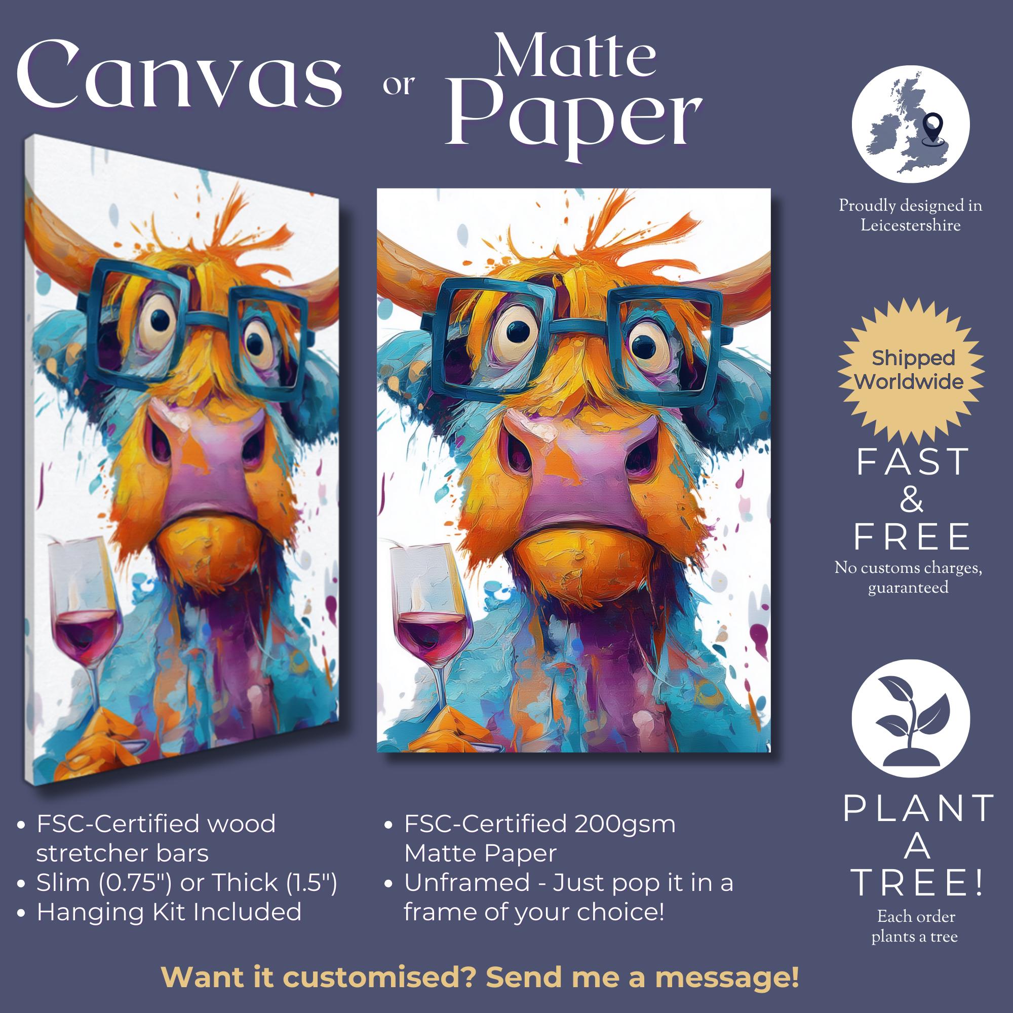 Highland Cow with Wine Canvas Or Poster. Funny Painting Print Animal Glasses Decor Large Kitchen Wall Picture Rainbow Abstract Paint Splash - CanvasityCrafts - Free Shipping