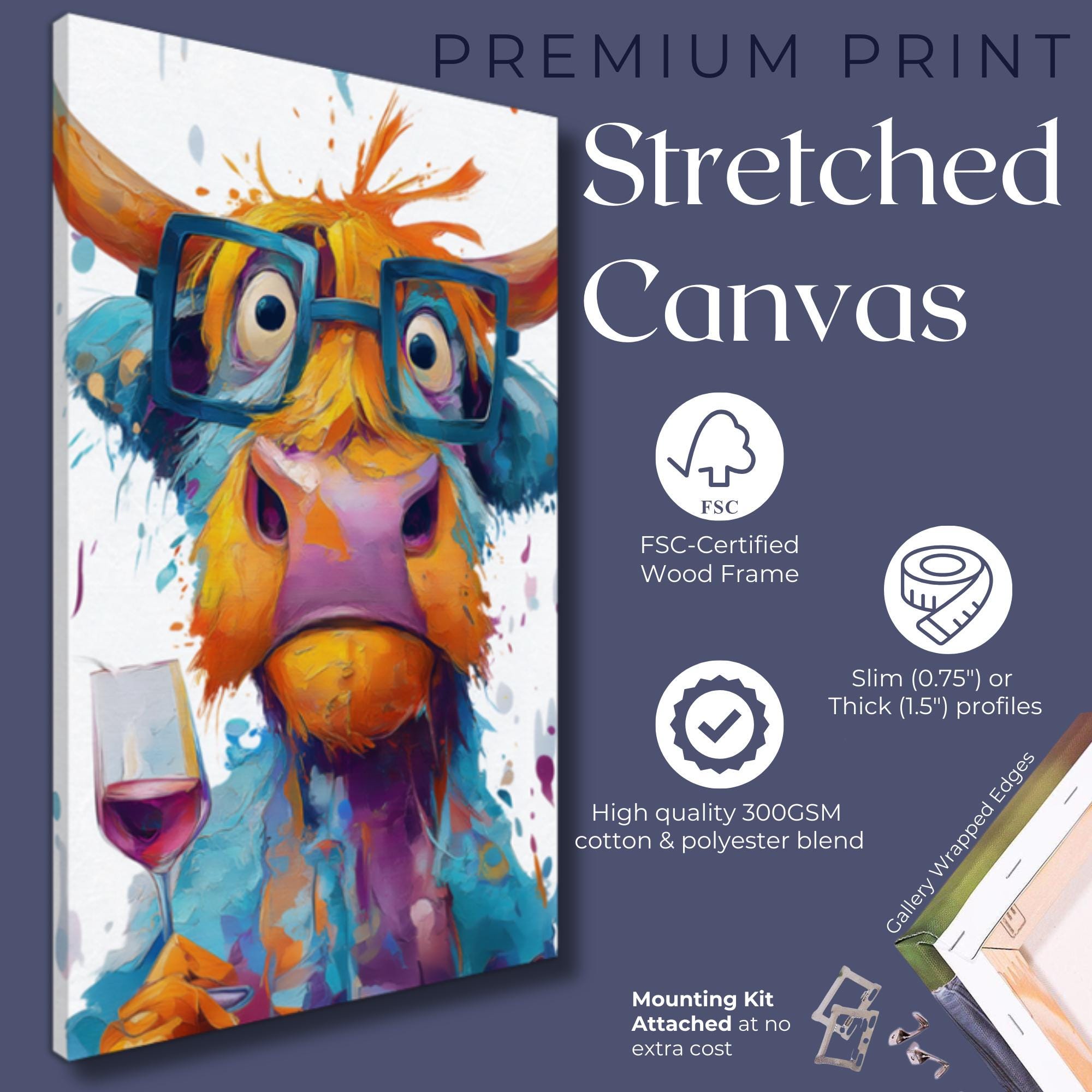 Highland Cow with Wine Canvas Or Poster. Funny Painting Print Animal Glasses Decor Large Kitchen Wall Picture Rainbow Abstract Paint Splash - CanvasityCrafts - Free Shipping