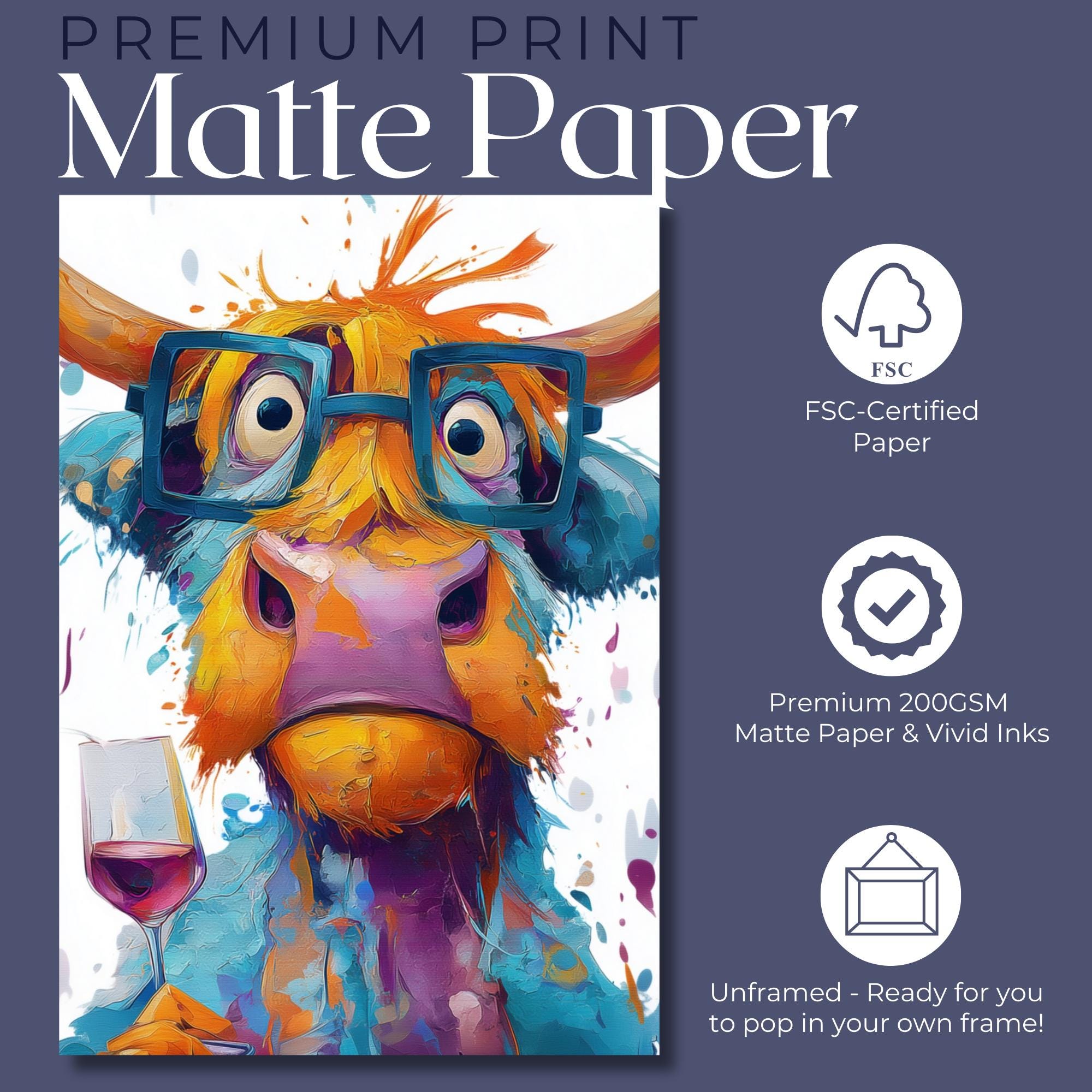 Highland Cow with Wine Canvas Or Poster. Funny Painting Print Animal Glasses Decor Large Kitchen Wall Picture Rainbow Abstract Paint Splash - CanvasityCrafts - Free Shipping