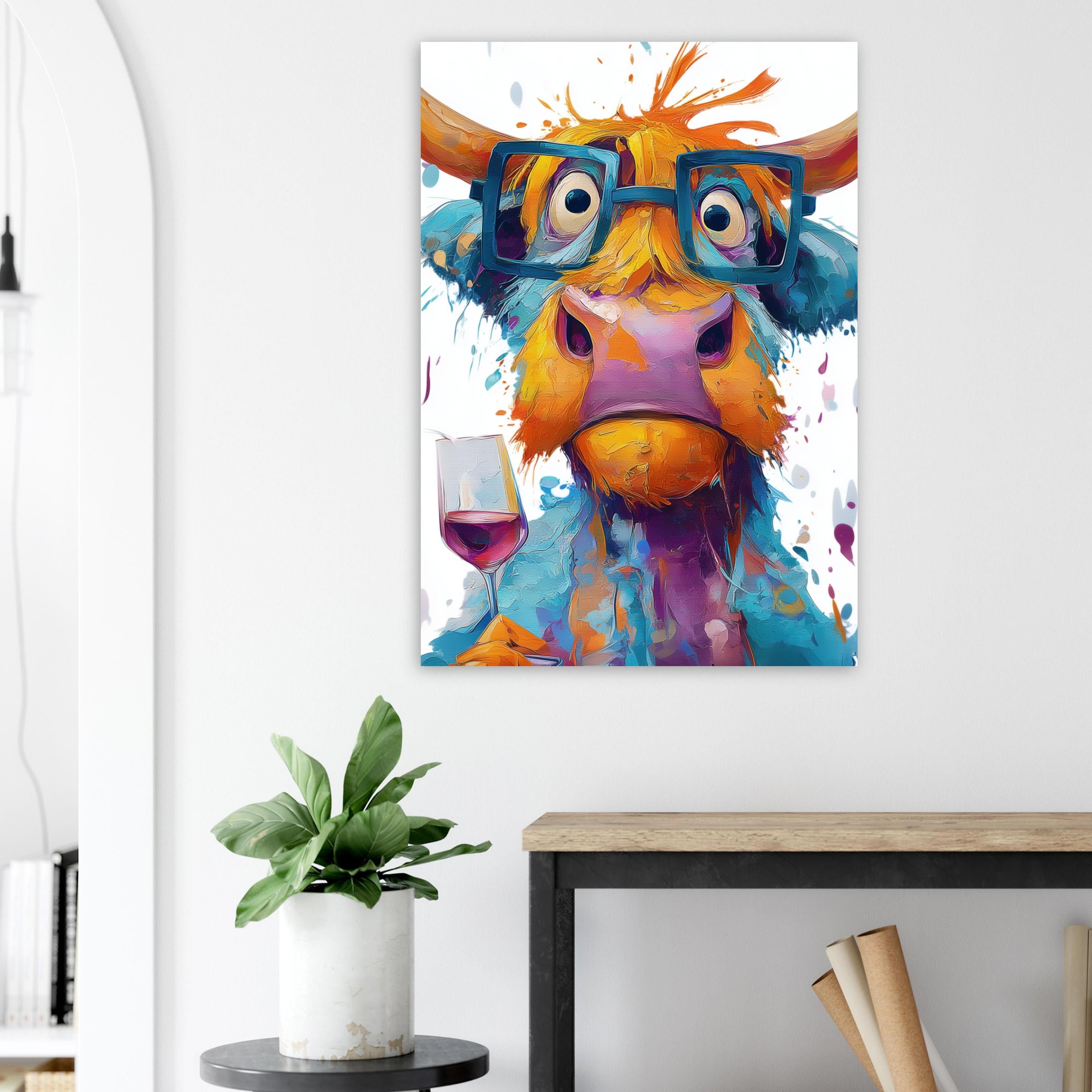 Highland Cow with Wine Canvas Or Poster. Funny Painting Print Animal Glasses Decor Large Kitchen Wall Picture Rainbow Abstract Paint Splash - CanvasityCrafts - Free Shipping