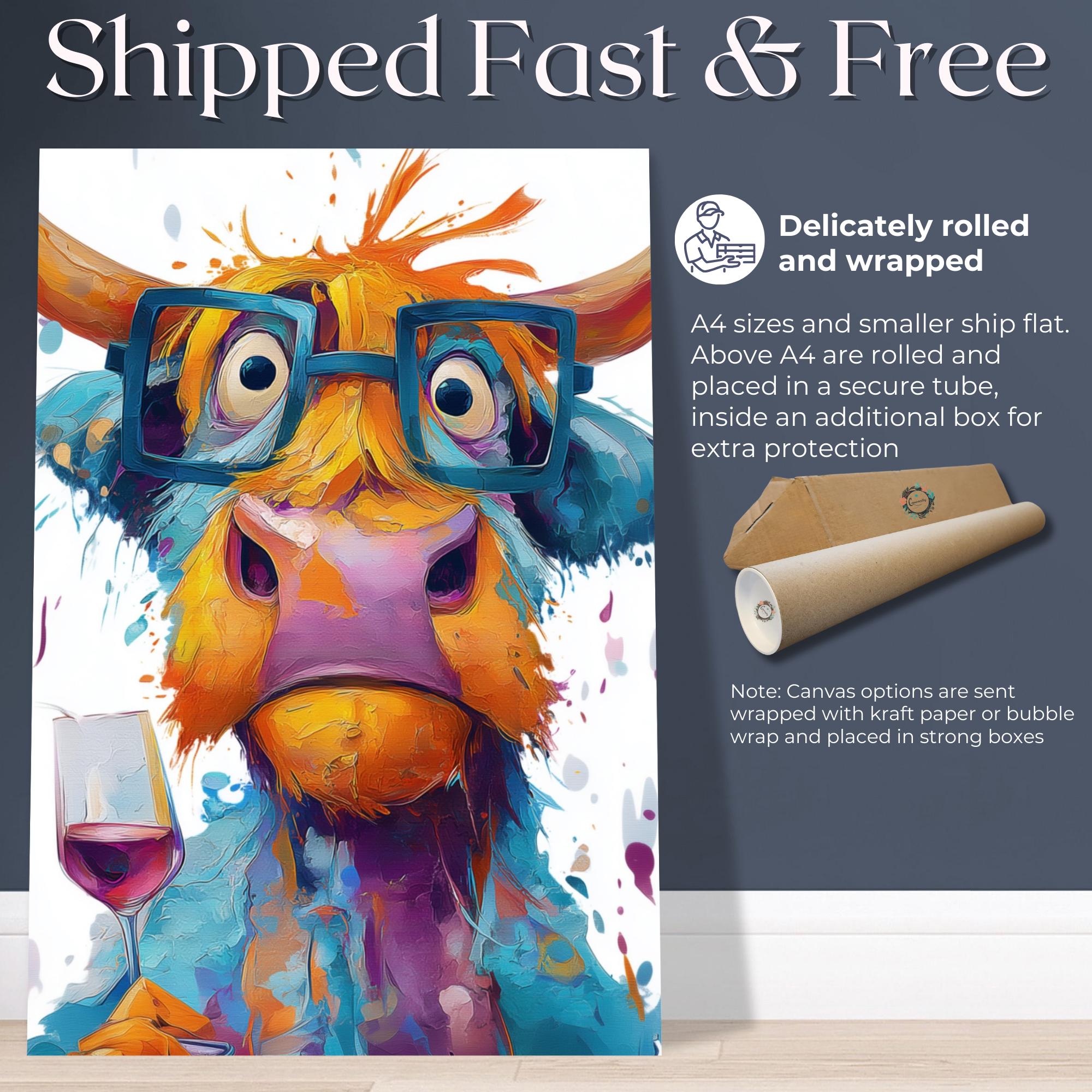 Highland Cow with Wine Canvas Or Poster. Funny Painting Print Animal Glasses Decor Large Kitchen Wall Picture Rainbow Abstract Paint Splash - CanvasityCrafts - Free Shipping