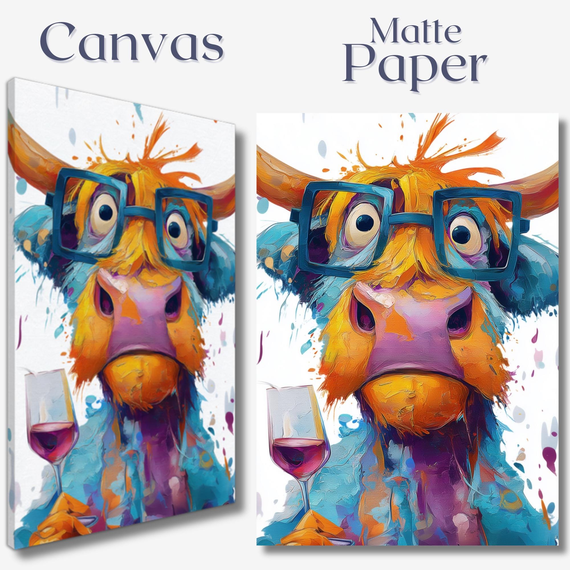 Highland Cow with Wine Canvas Or Poster. Funny Painting Print Animal Glasses Decor Large Kitchen Wall Picture Rainbow Abstract Paint Splash - CanvasityCrafts - Free Shipping