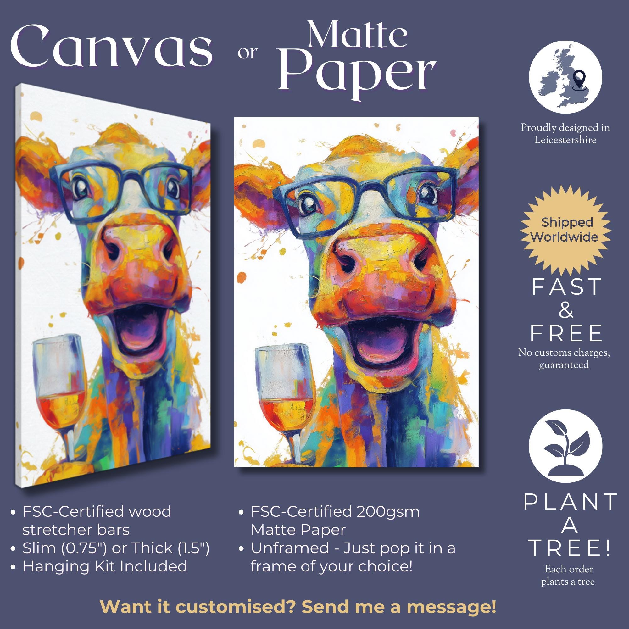 Funny Cow with Wine Canvas Or Poster. Happy Painting Print Animal in Glasses Decor Large Kitchen Wall Picture Rainbow Abstract Paint Splash - CanvasityCrafts - Free Shipping