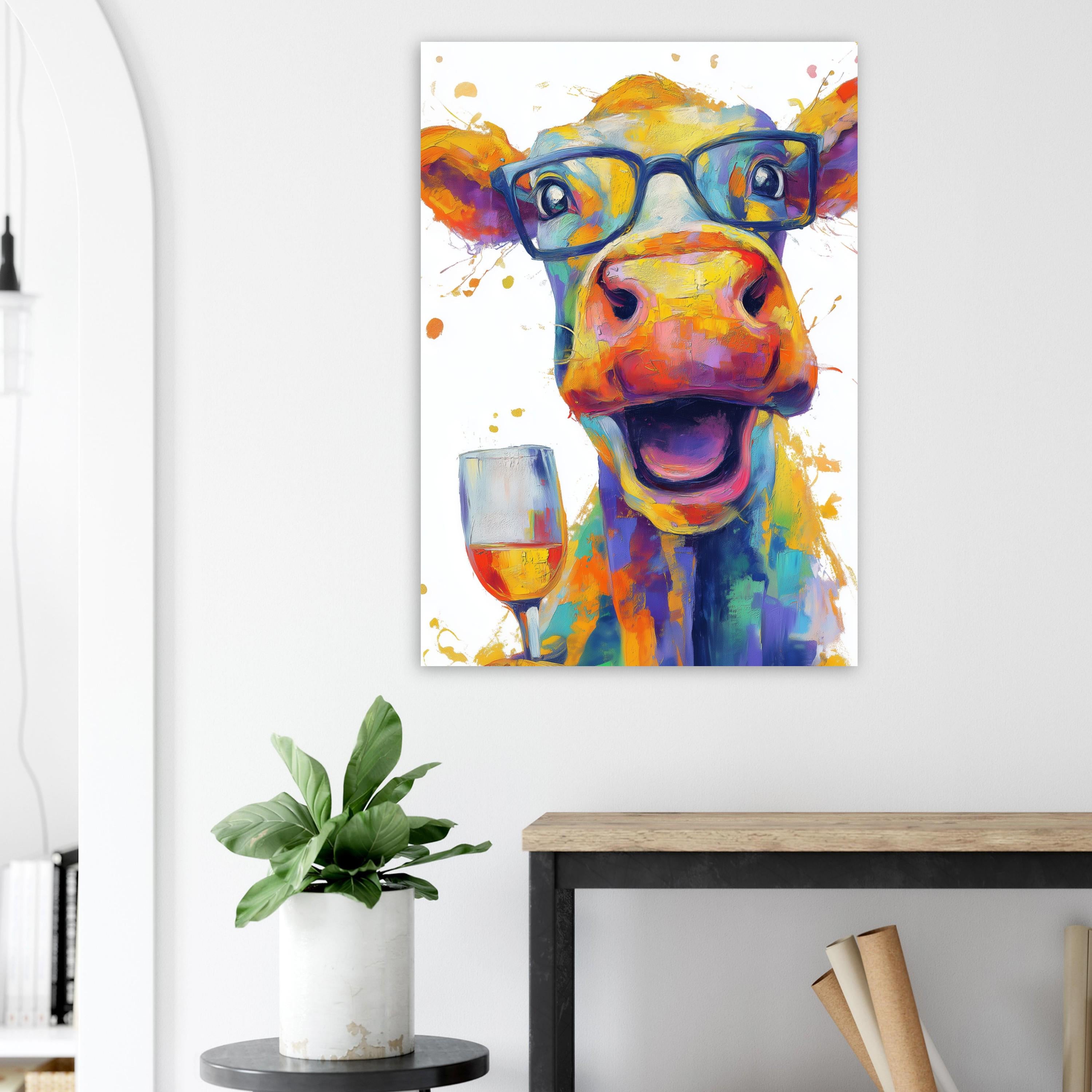 Funny Cow with Wine Canvas Or Poster. Happy Painting Print Animal in Glasses Decor Large Kitchen Wall Picture Rainbow Abstract Paint Splash - CanvasityCrafts - Free Shipping