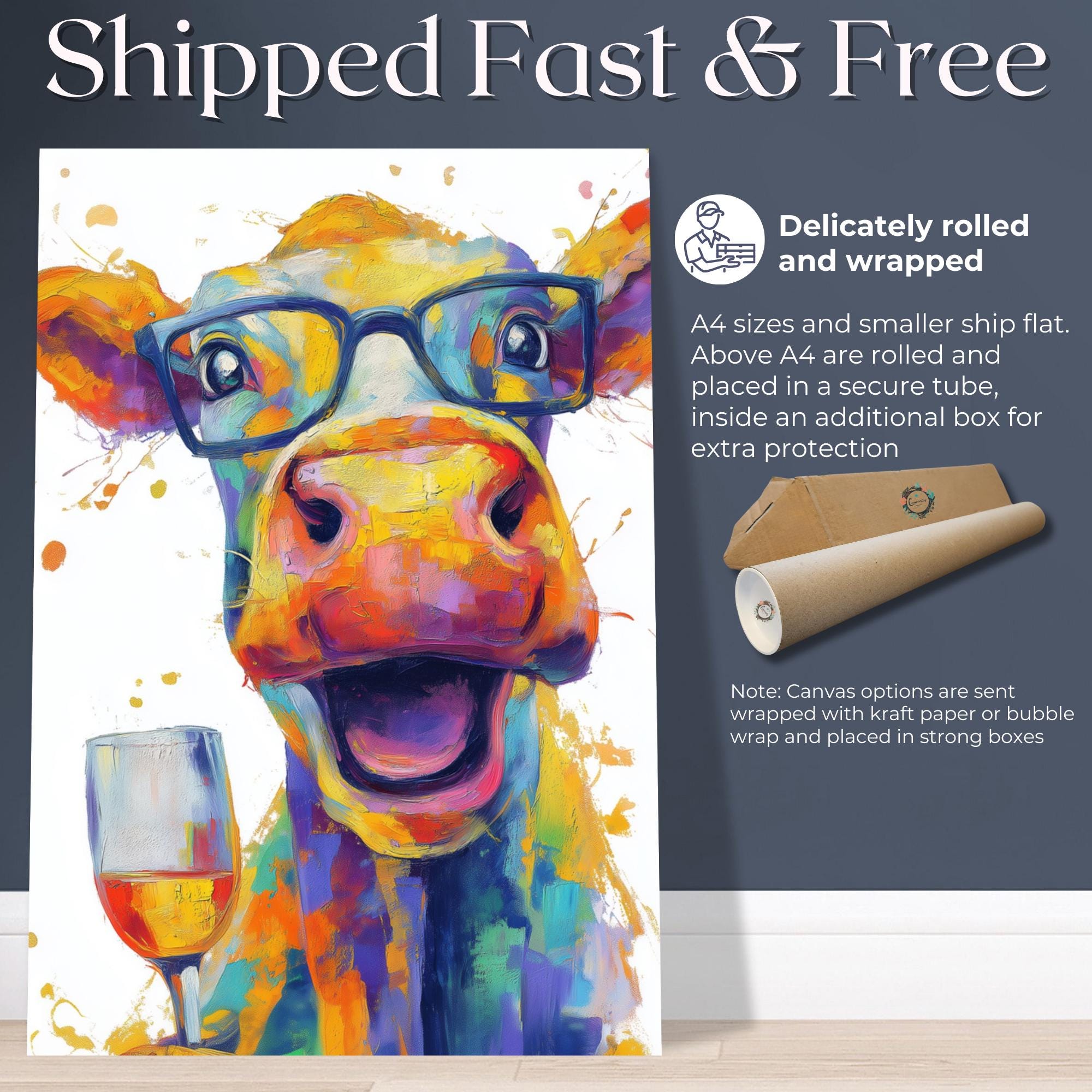 Funny Cow with Wine Canvas Or Poster. Happy Painting Print Animal in Glasses Decor Large Kitchen Wall Picture Rainbow Abstract Paint Splash - CanvasityCrafts - Free Shipping
