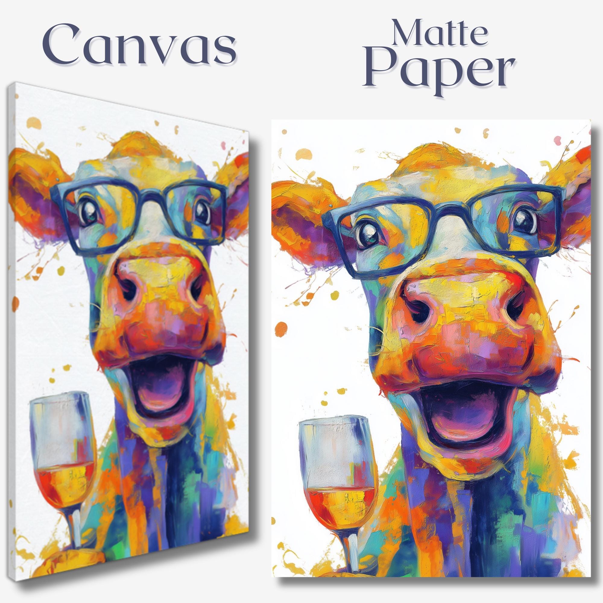 Funny Cow with Wine Canvas Or Poster. Happy Painting Print Animal in Glasses Decor Large Kitchen Wall Picture Rainbow Abstract Paint Splash - CanvasityCrafts - Free Shipping