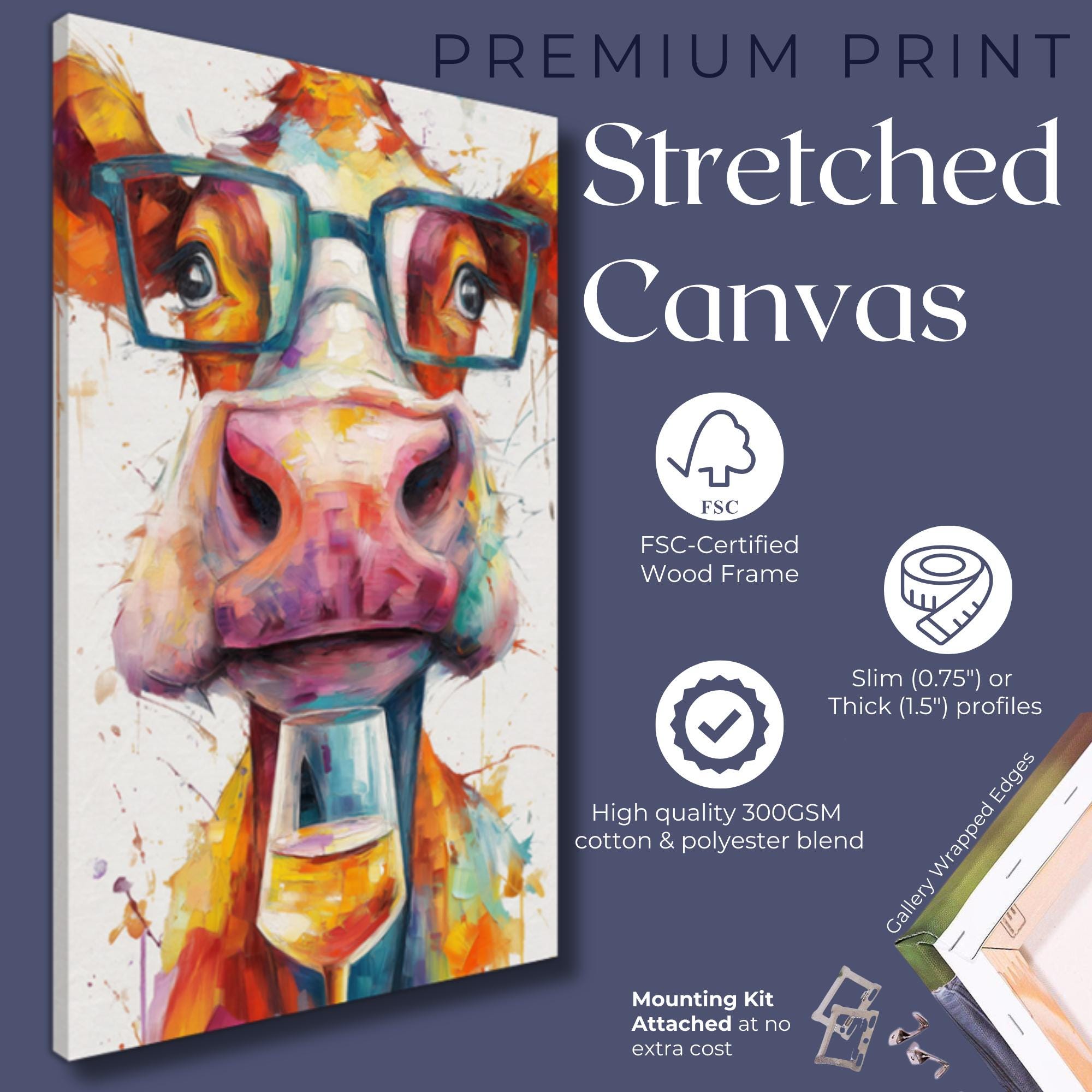 Jersey Cow with Wine Canvas Or Poster. Funny Painting Print Animal in Glasses Decor Large Kitchen Wall Picture Rainbow Abstract Paint Splash - CanvasityCrafts - Free Shipping