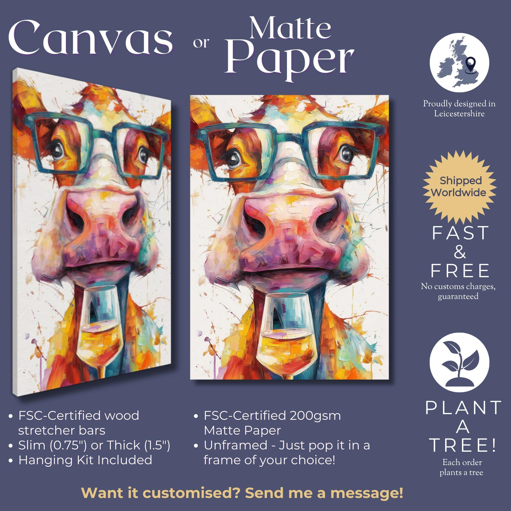 Jersey Cow with Wine Canvas Or Poster. Funny Painting Print Animal in Glasses Decor Large Kitchen Wall Picture Rainbow Abstract Paint Splash - CanvasityCrafts - Free Shipping