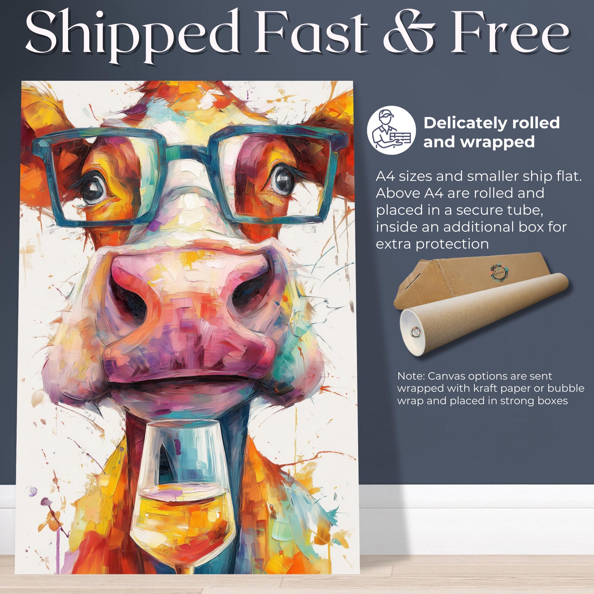 Jersey Cow with Wine Canvas Or Poster. Funny Painting Print Animal in Glasses Decor Large Kitchen Wall Picture Rainbow Abstract Paint Splash - CanvasityCrafts - Free Shipping