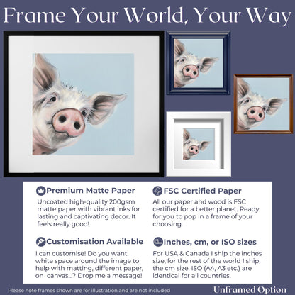 Cute Piglet Art Print Canvas / Unframed. Beautiful Blue Wall Decor, Colorful Farm Animal Pig Wall Art Painting Farmer Gift Nursery Picture - CanvasityCrafts - Free Shipping