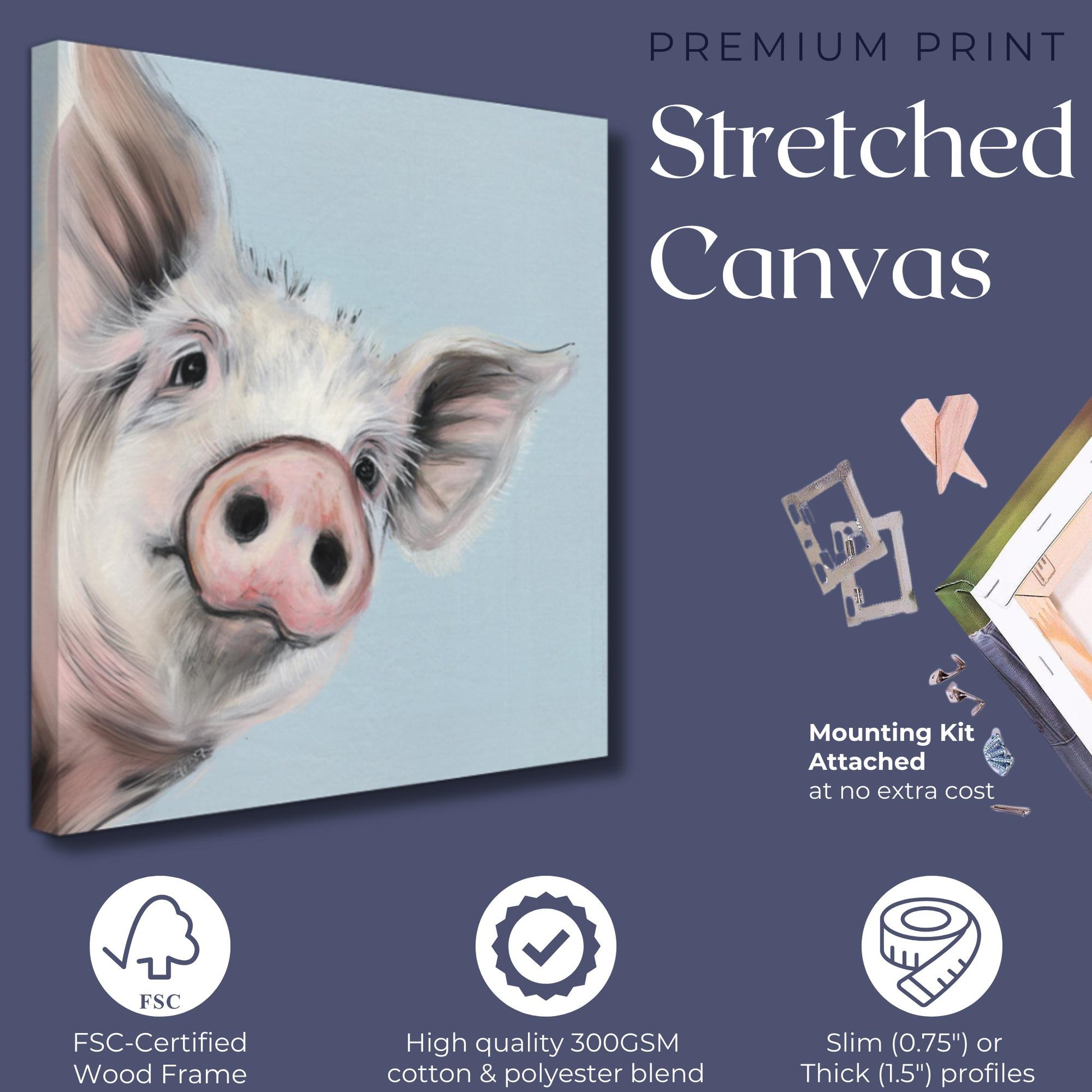 Cute Piglet Art Print Canvas / Unframed. Beautiful Blue Wall Decor, Colorful Farm Animal Pig Wall Art Painting Farmer Gift Nursery Picture - CanvasityCrafts - Free Shipping