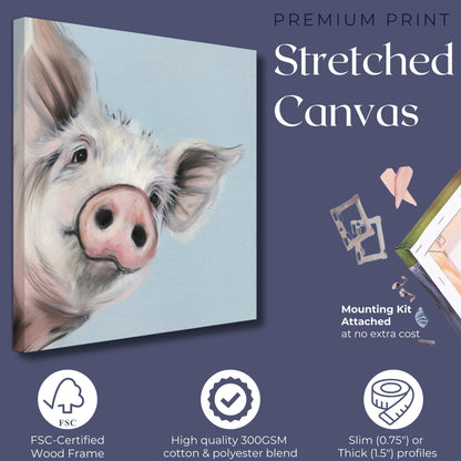 Cute Piglet Art Print Canvas / Unframed. Beautiful Blue Wall Decor, Colorful Farm Animal Pig Wall Art Painting Farmer Gift Nursery Picture - CanvasityCrafts - Free Shipping