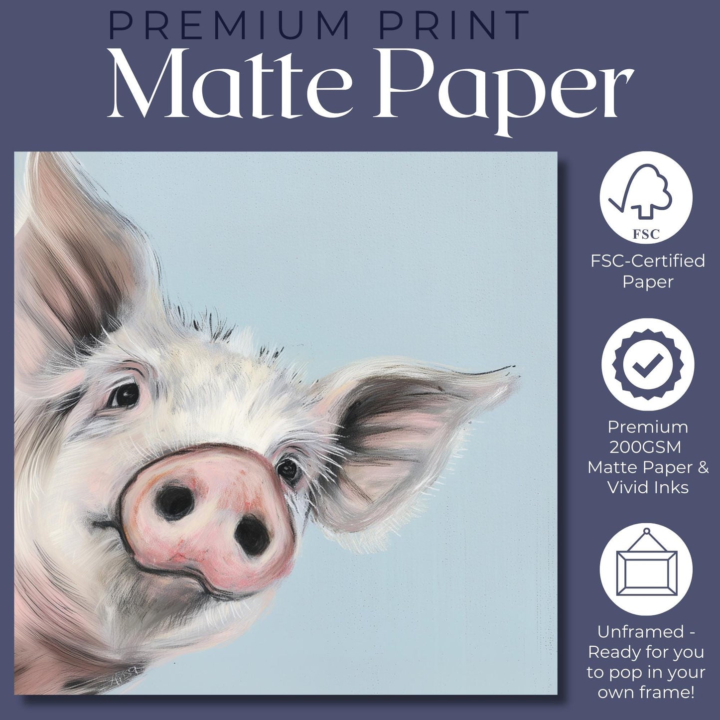 Cute Piglet Art Print Canvas / Unframed. Beautiful Blue Wall Decor, Colorful Farm Animal Pig Wall Art Painting Farmer Gift Nursery Picture - CanvasityCrafts - Free Shipping