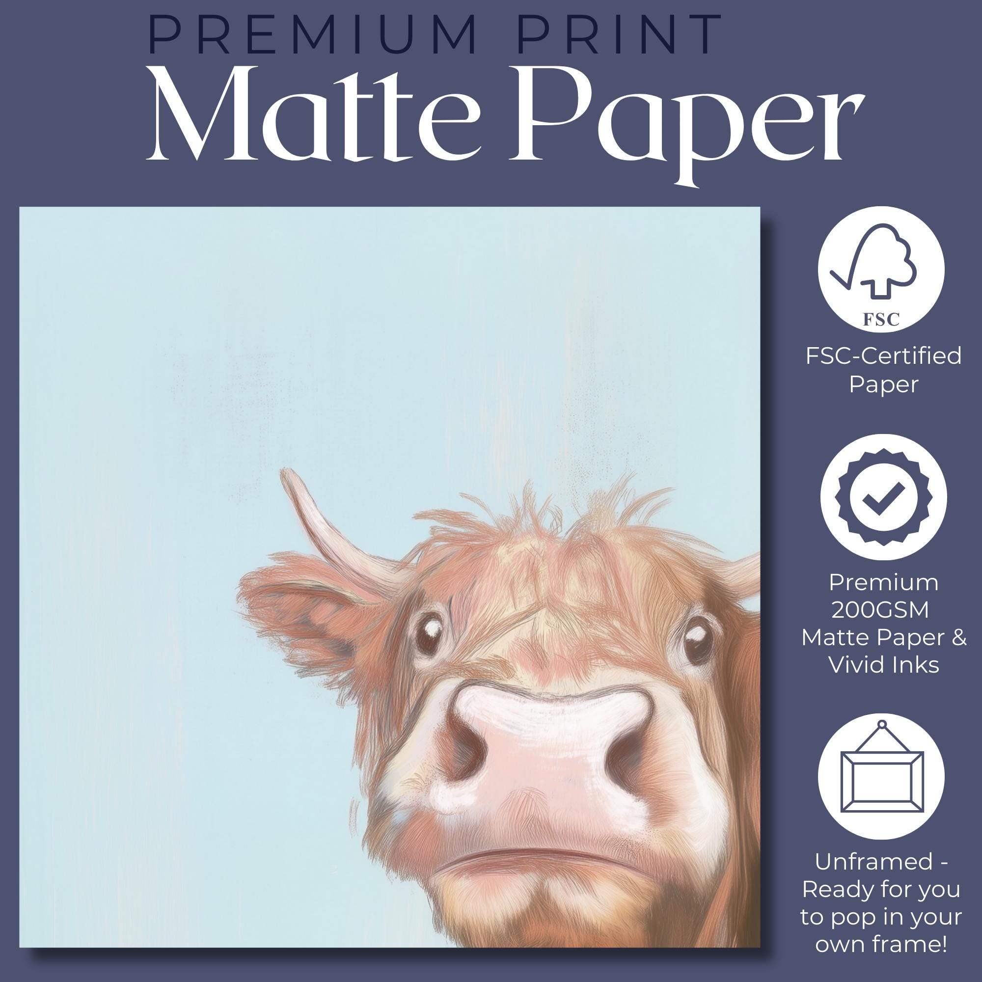 Cute Highland Cow Art Print Canvas / Unframed. Adorable Scottish Calf Wall Art, Funny Brown Farm Animal Painting Farmhouse Nursery Poster - CanvasityCrafts - Free Shipping