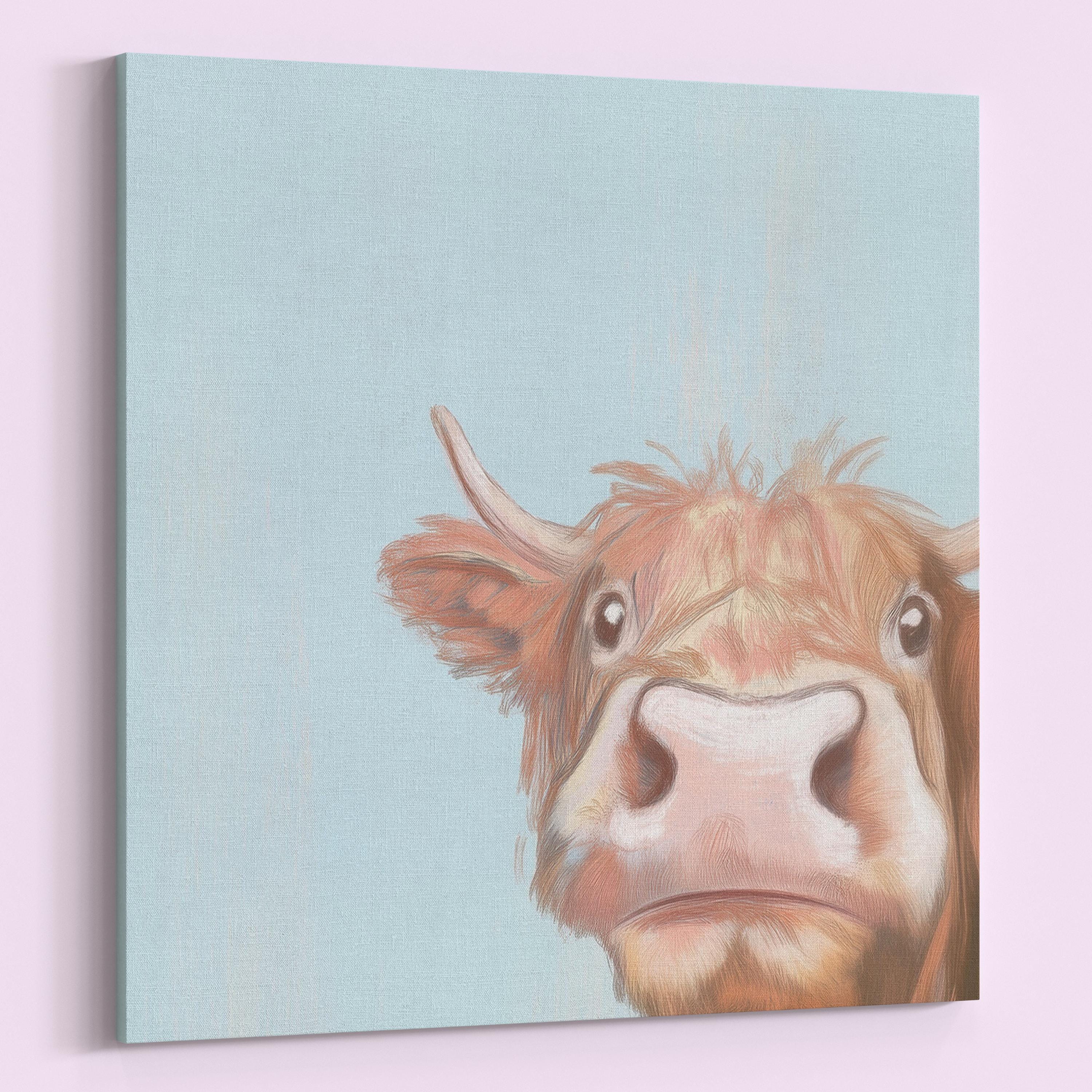 Cute Highland Cow Art Print Canvas / Unframed. Adorable Scottish Calf Wall Art, Funny Brown Farm Animal Painting Farmhouse Nursery Poster - CanvasityCrafts - Free Shipping