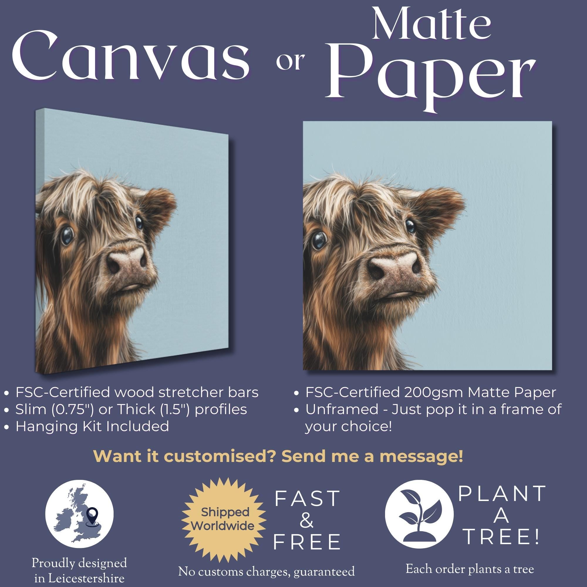 Cute Highland Cow Art Print Canvas / Unframed. Adorable Scottish Cattle Wall Art, Realistic Brown Coo Painting Farmhouse Rustic Decor - CanvasityCrafts - Free Shipping