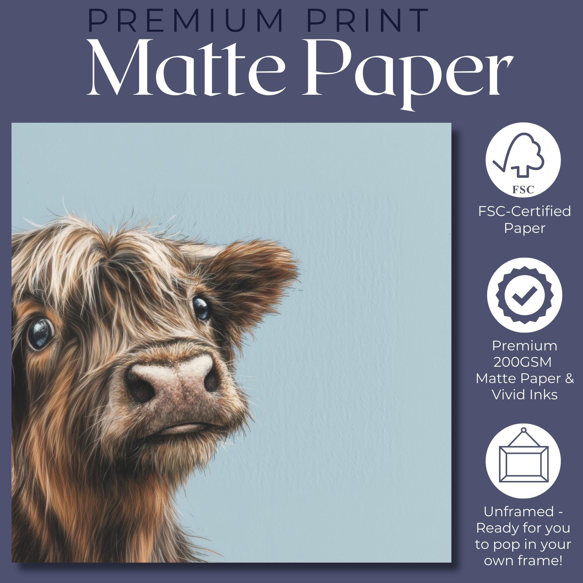 Cute Highland Cow Art Print Canvas / Unframed. Adorable Scottish Cattle Wall Art, Realistic Brown Coo Painting Farmhouse Rustic Decor - CanvasityCrafts - Free Shipping