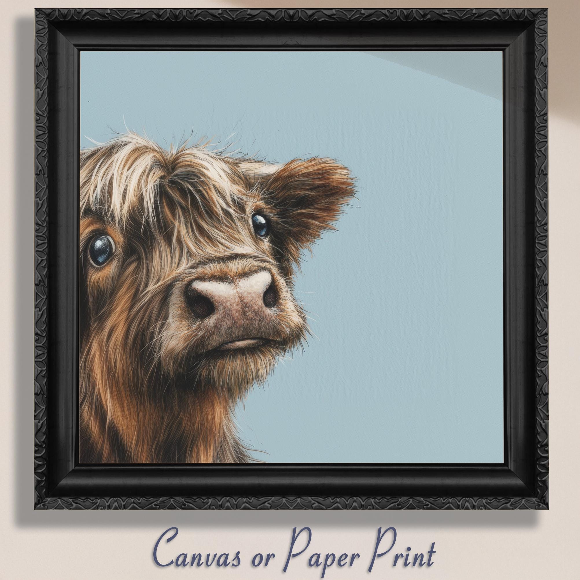 Cute Highland Cow Art Print Canvas / Unframed. Adorable Scottish Cattle Wall Art, Realistic Brown Coo Painting Farmhouse Rustic Decor - CanvasityCrafts - Free Shipping