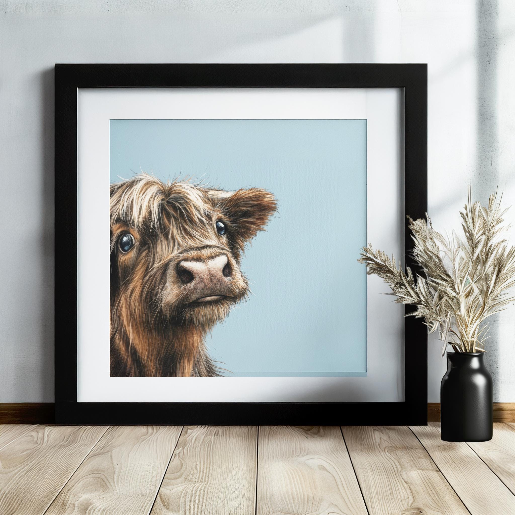 Cute Highland Cow Art Print Canvas / Unframed. Adorable Scottish Cattle Wall Art, Realistic Brown Coo Painting Farmhouse Rustic Decor - CanvasityCrafts - Free Shipping