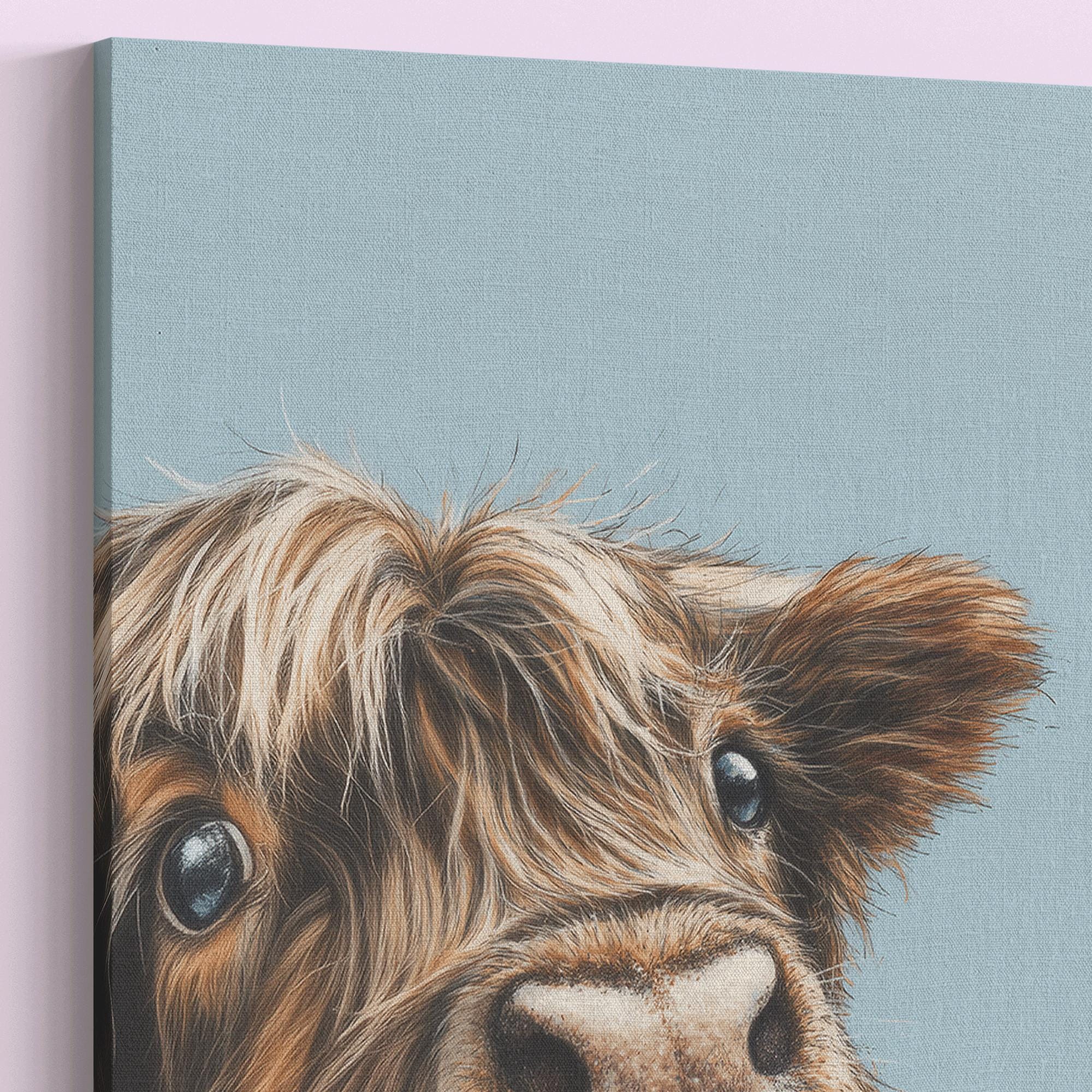 Cute Highland Cow Art Print Canvas / Unframed. Adorable Scottish Cattle Wall Art, Realistic Brown Coo Painting Farmhouse Rustic Decor - CanvasityCrafts - Free Shipping