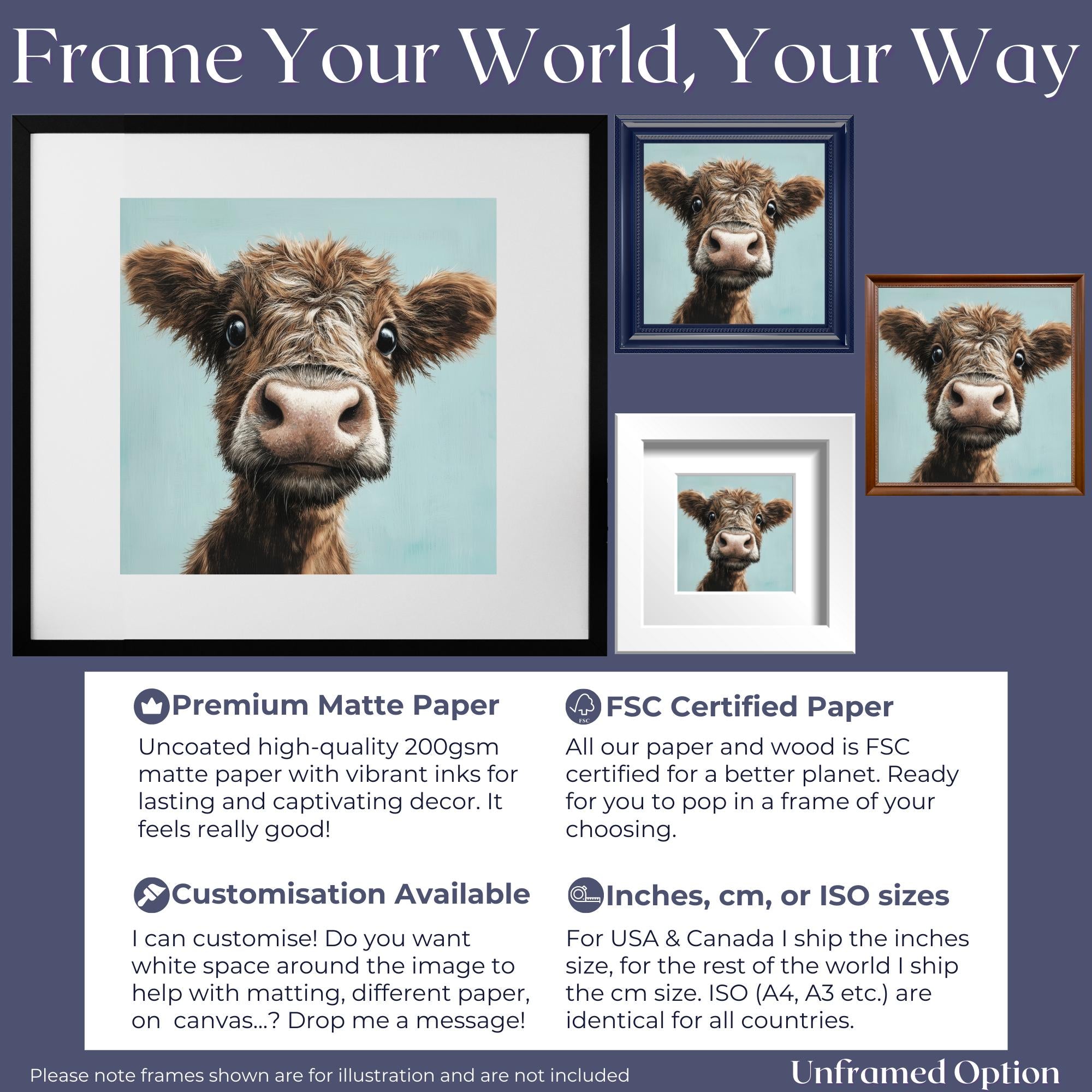 Cute Highland Cow Art Print Canvas / Unframed. Adorable Scottish Calf Wall Art, Funny Brown Farm Animal Painting Farmhouse Nursery Poster - CanvasityCrafts - Free Shipping