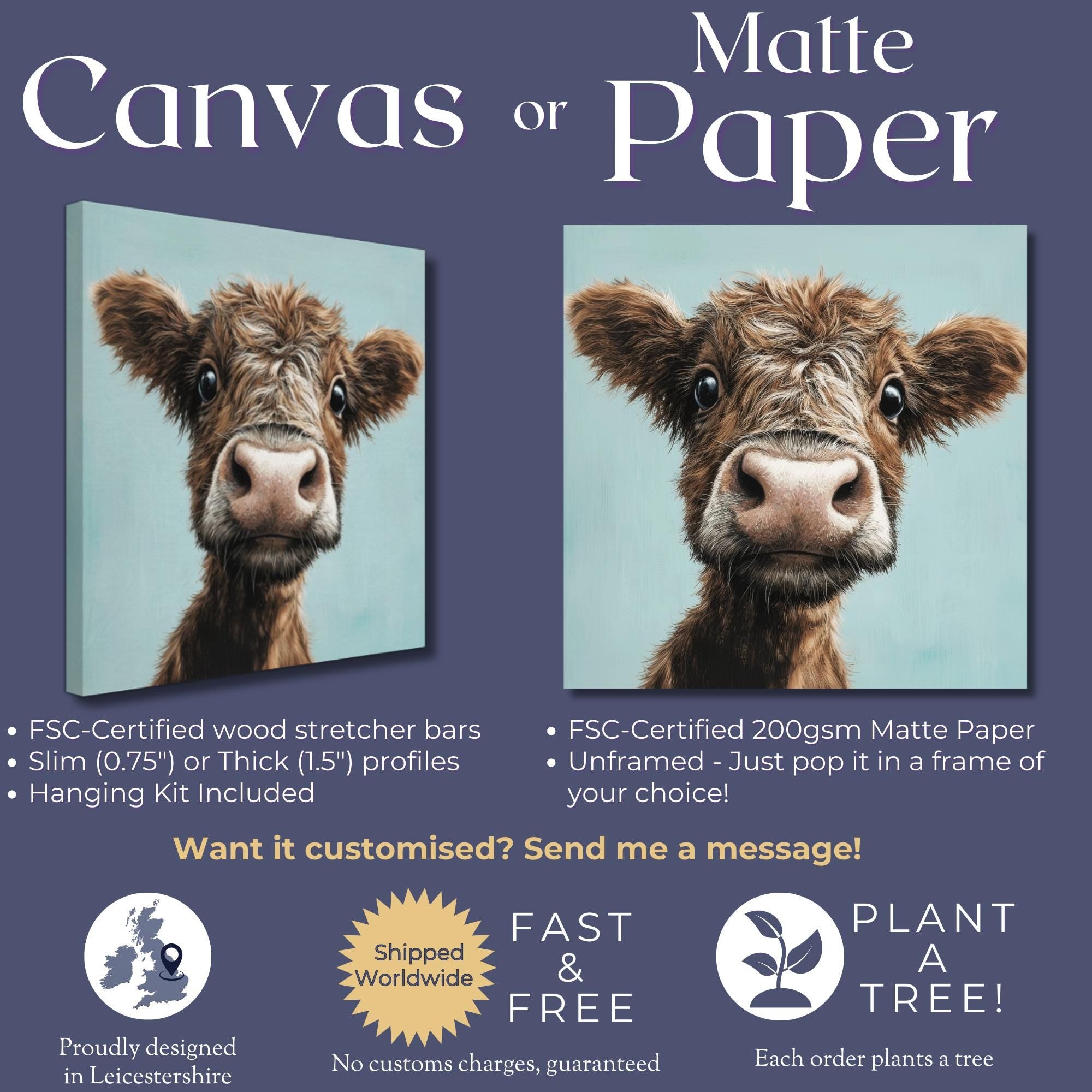 Cute Highland Cow Art Print Canvas / Unframed. Adorable Scottish Calf Wall Art, Funny Brown Farm Animal Painting Farmhouse Nursery Poster - CanvasityCrafts - Free Shipping