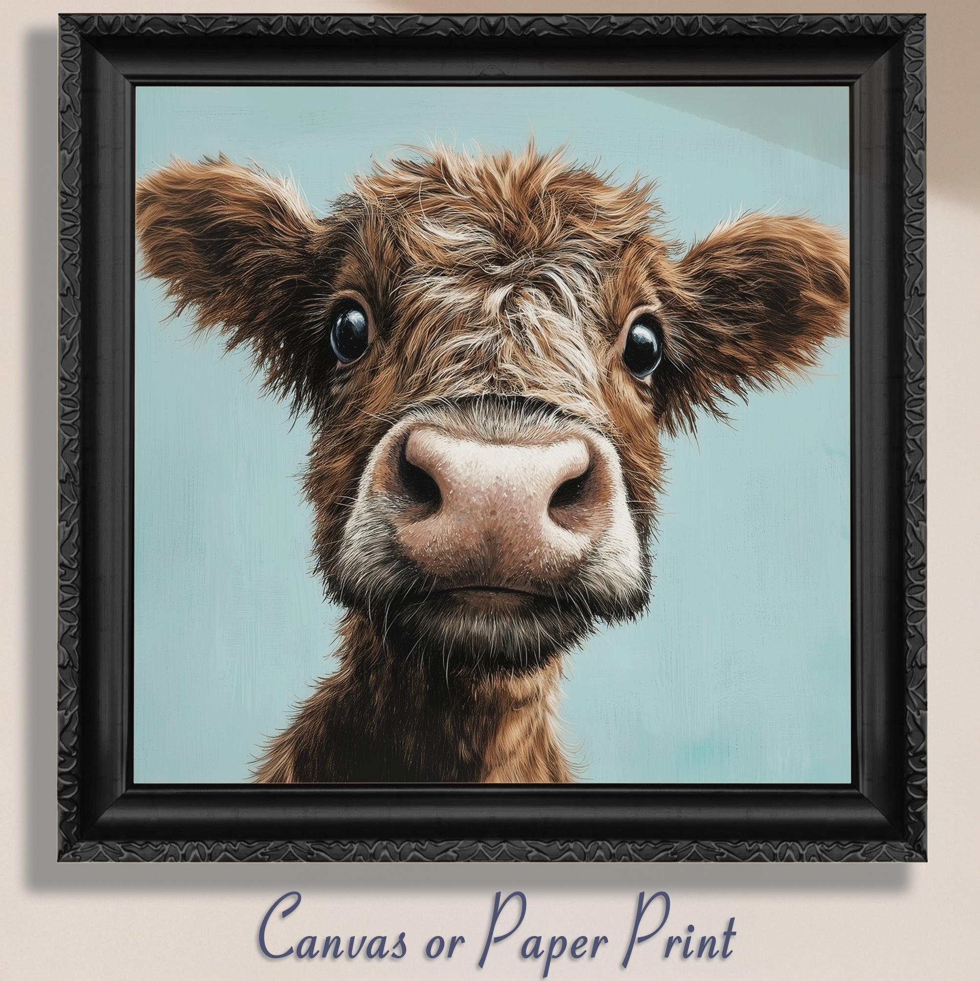 Cute Highland Cow Art Print Canvas / Unframed. Adorable Scottish Calf Wall Art, Funny Brown Farm Animal Painting Farmhouse Nursery Poster - CanvasityCrafts - Free Shipping