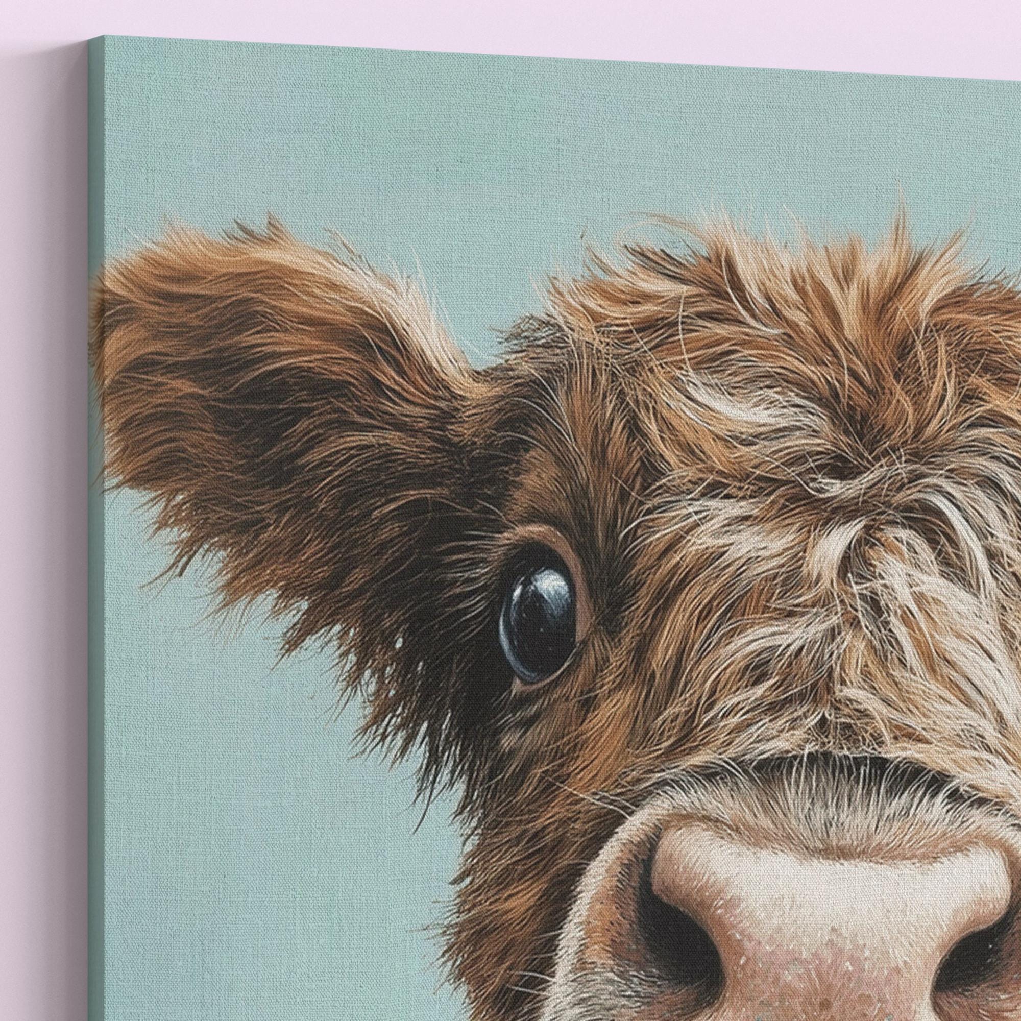 Cute Highland Cow Art Print Canvas / Unframed. Adorable Scottish Calf Wall Art, Funny Brown Farm Animal Painting Farmhouse Nursery Poster - CanvasityCrafts - Free Shipping