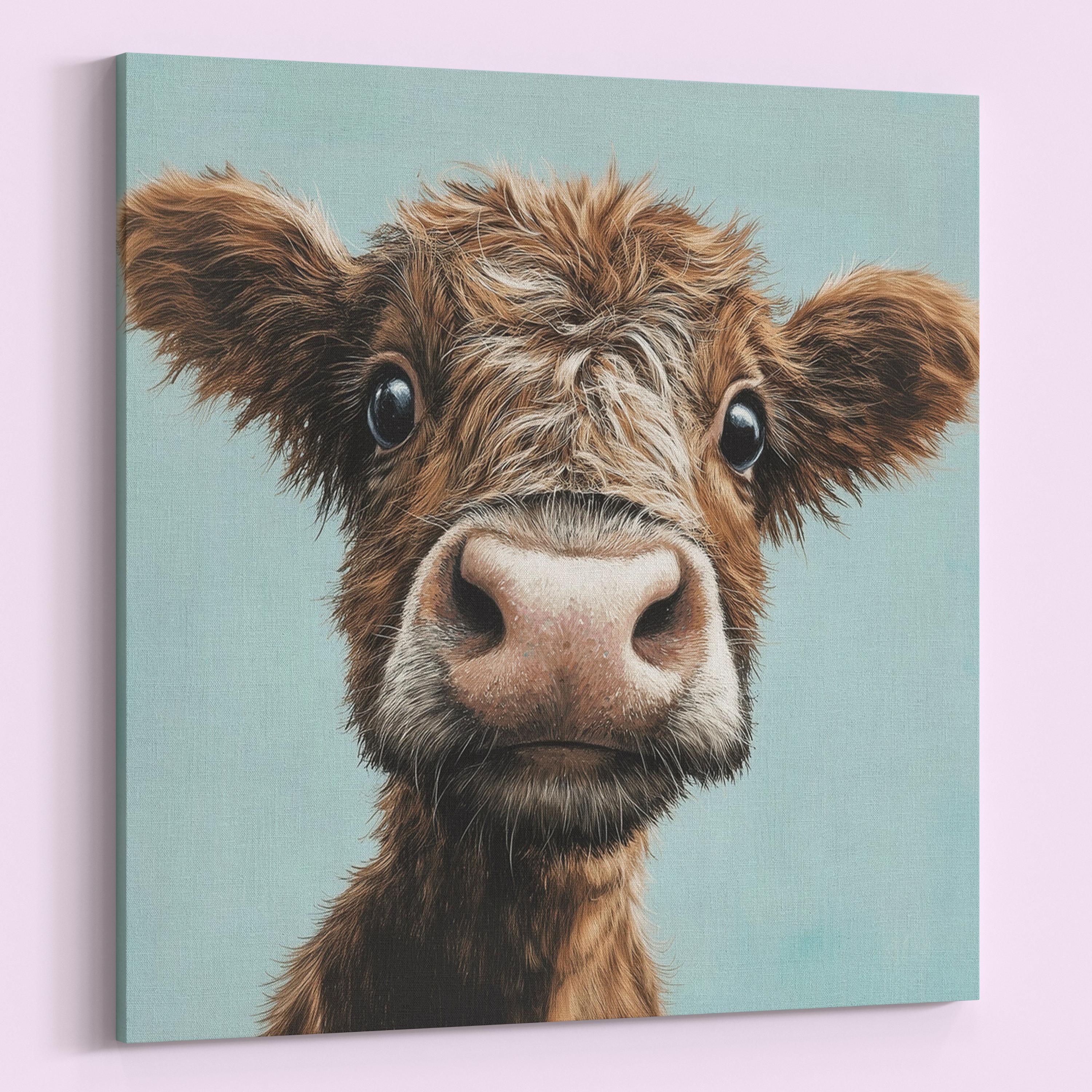 Cute Highland Cow Art Print Canvas / Unframed. Adorable Scottish Calf Wall Art, Funny Brown Farm Animal Painting Farmhouse Nursery Poster - CanvasityCrafts - Free Shipping