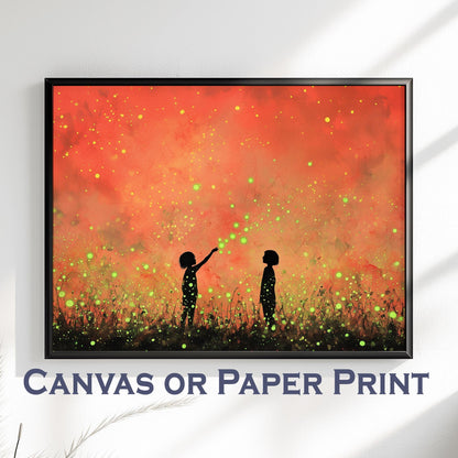 Glowing Fireflies Canvas / Unframed Print. Magical Childhood Keepsake Memories Watercolor Painting Peach Gold Wall Art Fire Flies Picture - CanvasityCrafts - Free Shipping