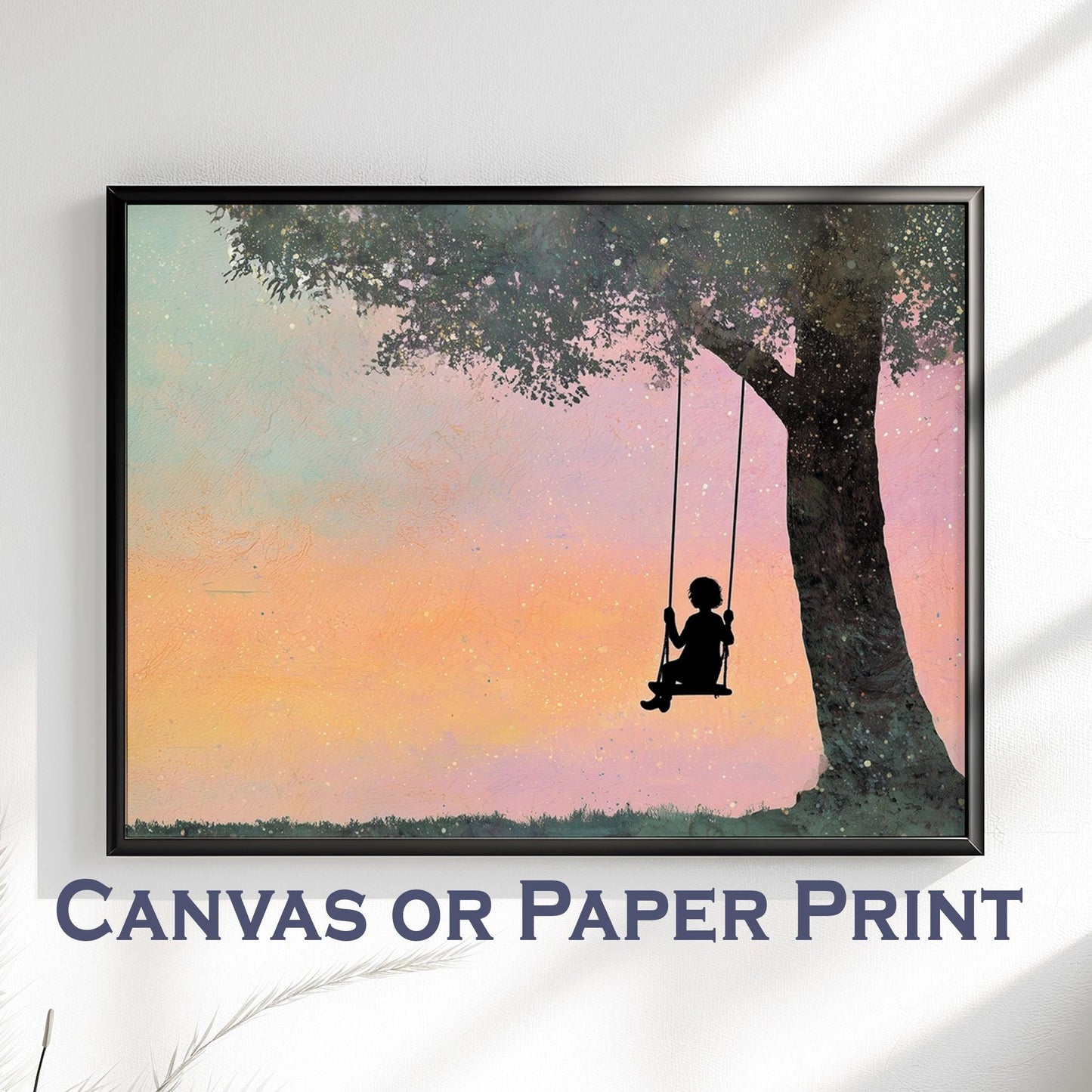 Child on a Swing Canvas / Unframed Print. Magical Childhood Keepsake Memories Watercolor Painting Coral Teal Wall Art Silhouette Picture - CanvasityCrafts - Free Shipping